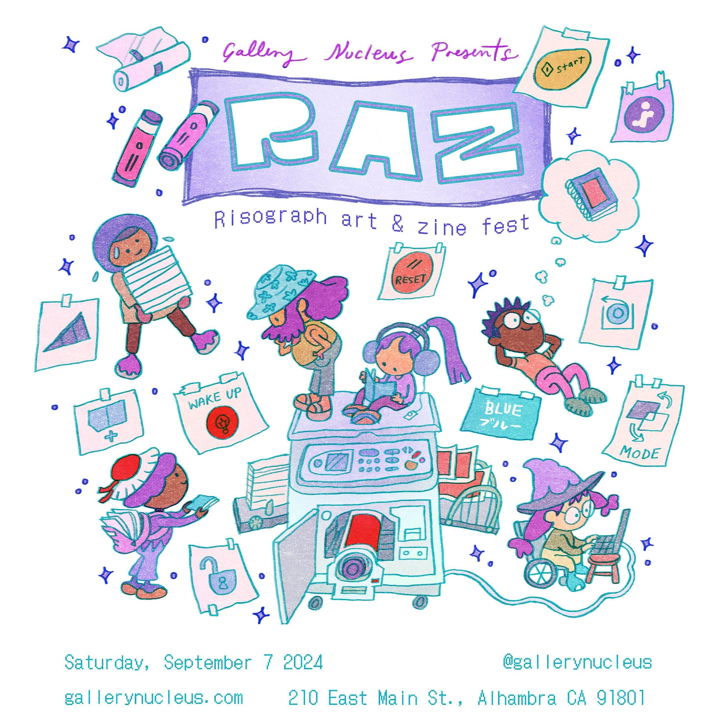 RAZ fest is back 🖨️ ✨ !! Very excited to be heading to California again this September for the riso art &amp; zine fest @gallerynucleus :) we will also be announcing fun new things soon. 

For more event details check out @gallerynucleus! 

Amazing 