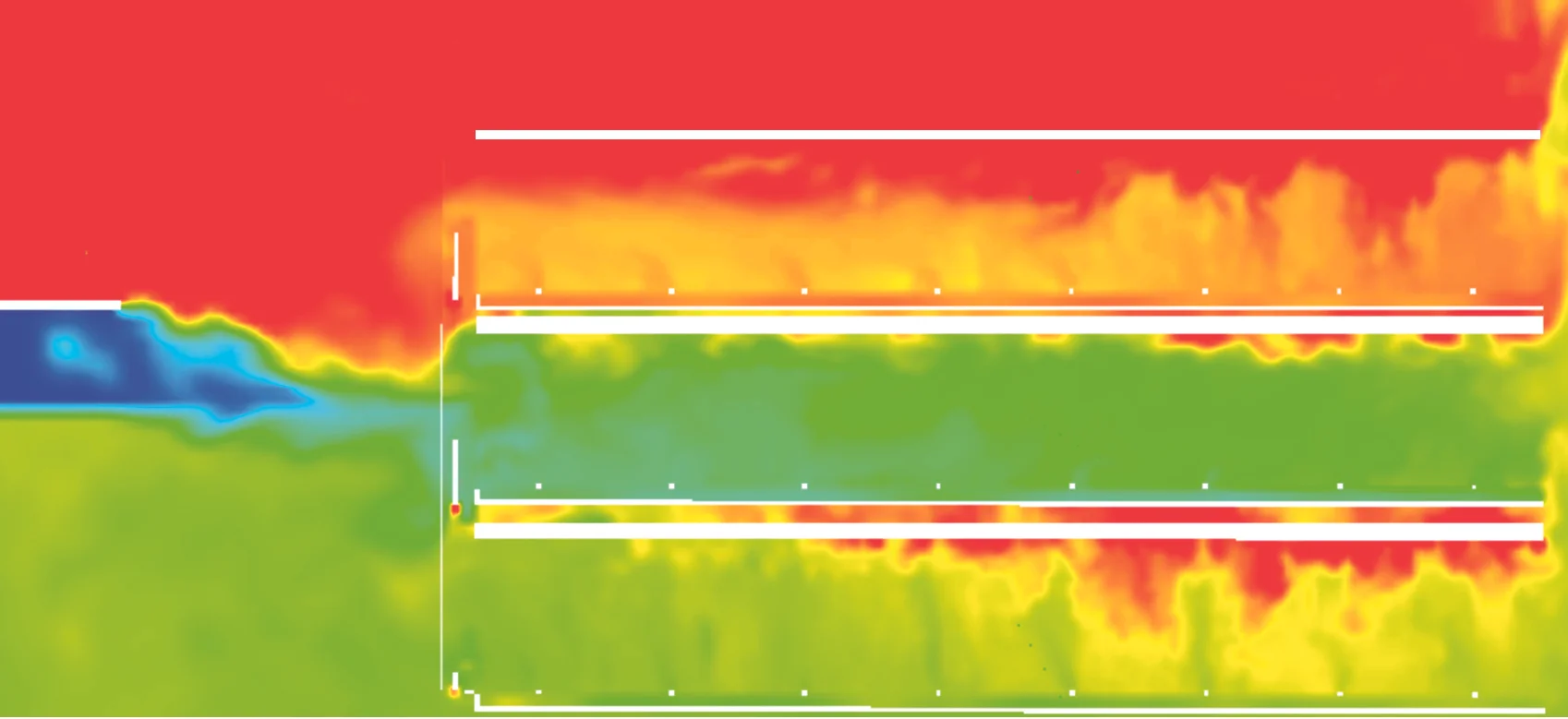 Sample CFD temperature model of a traditional vertically stacked grow that demonstrates how heat accumulates.