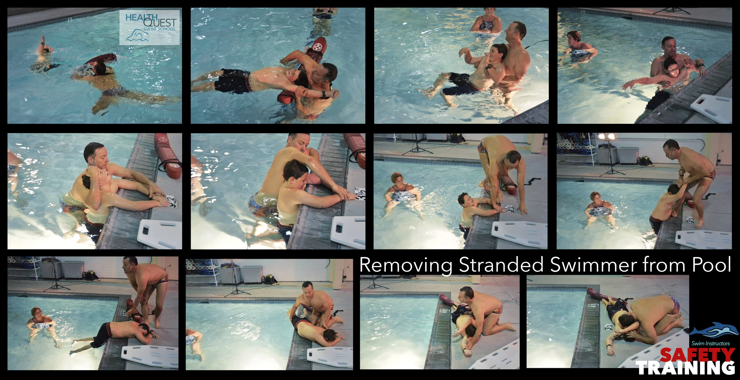 The tricky technique of staying safe while retrieving a distressed swimmer from within the pool and pulling the swimmer out of the pool were demonstrated by Tracy and Chris.