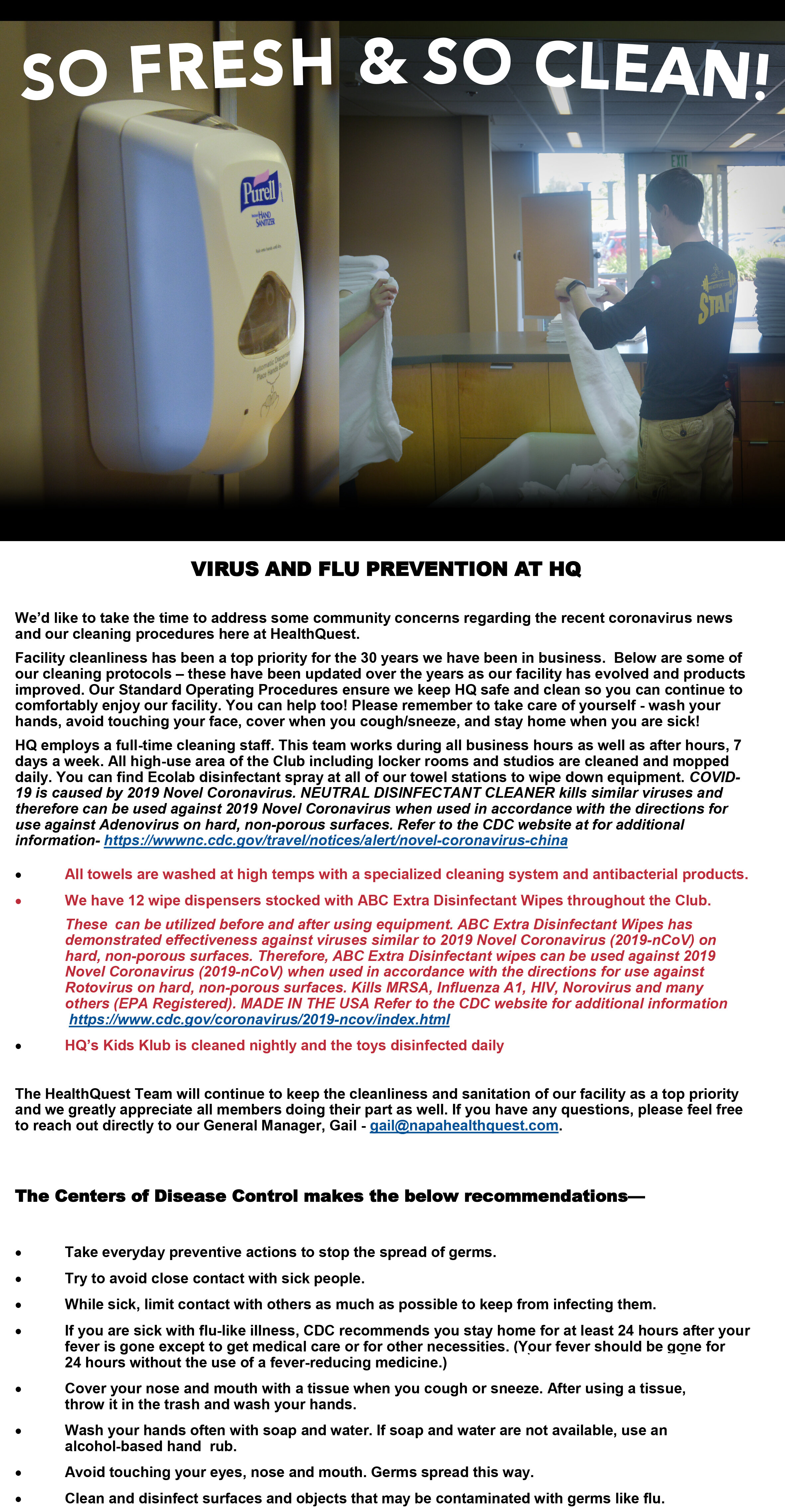 VIRUS AND FLU PREVENTION AT HQ