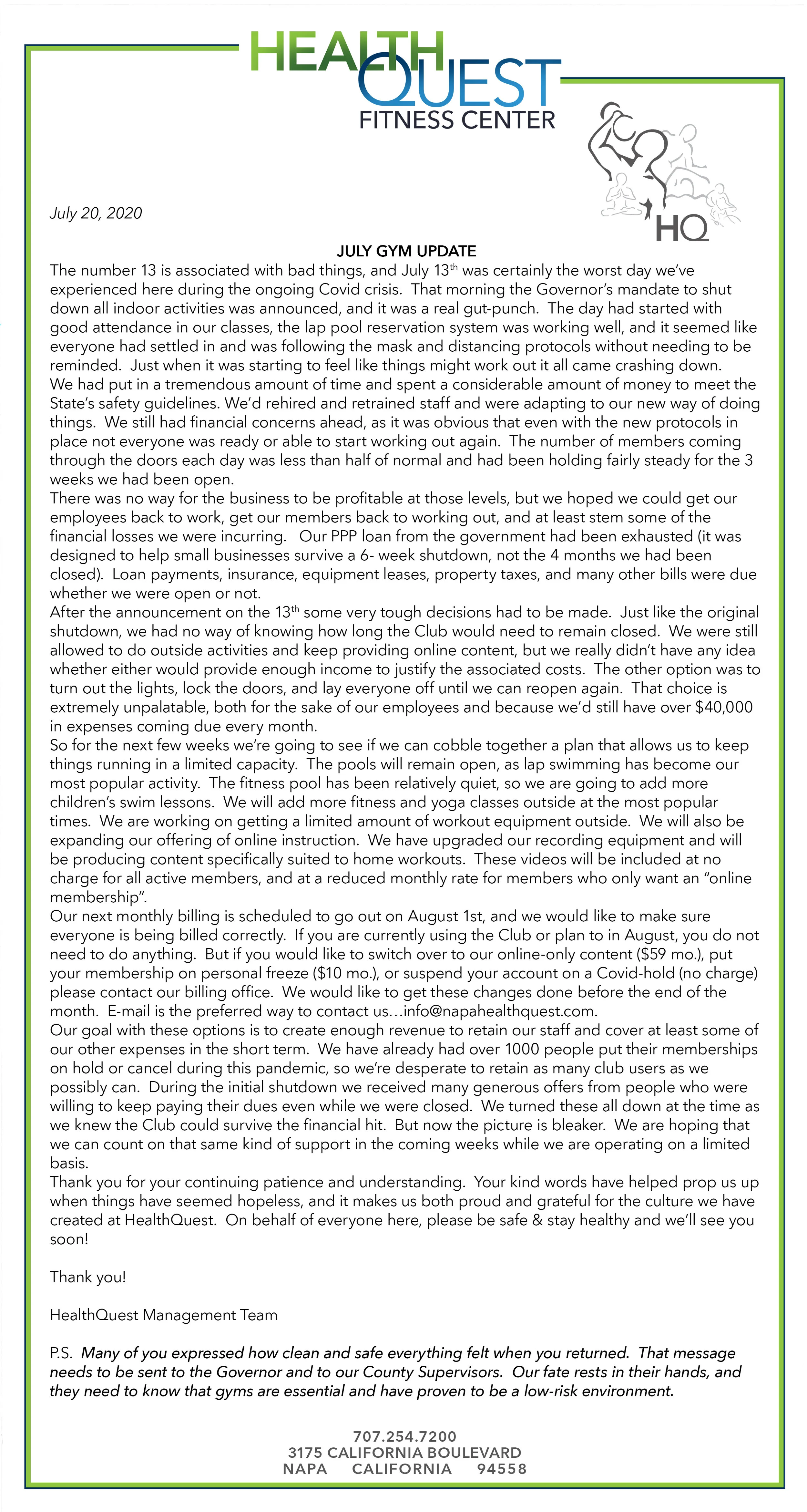 JULY 20, 2020 UPDATE