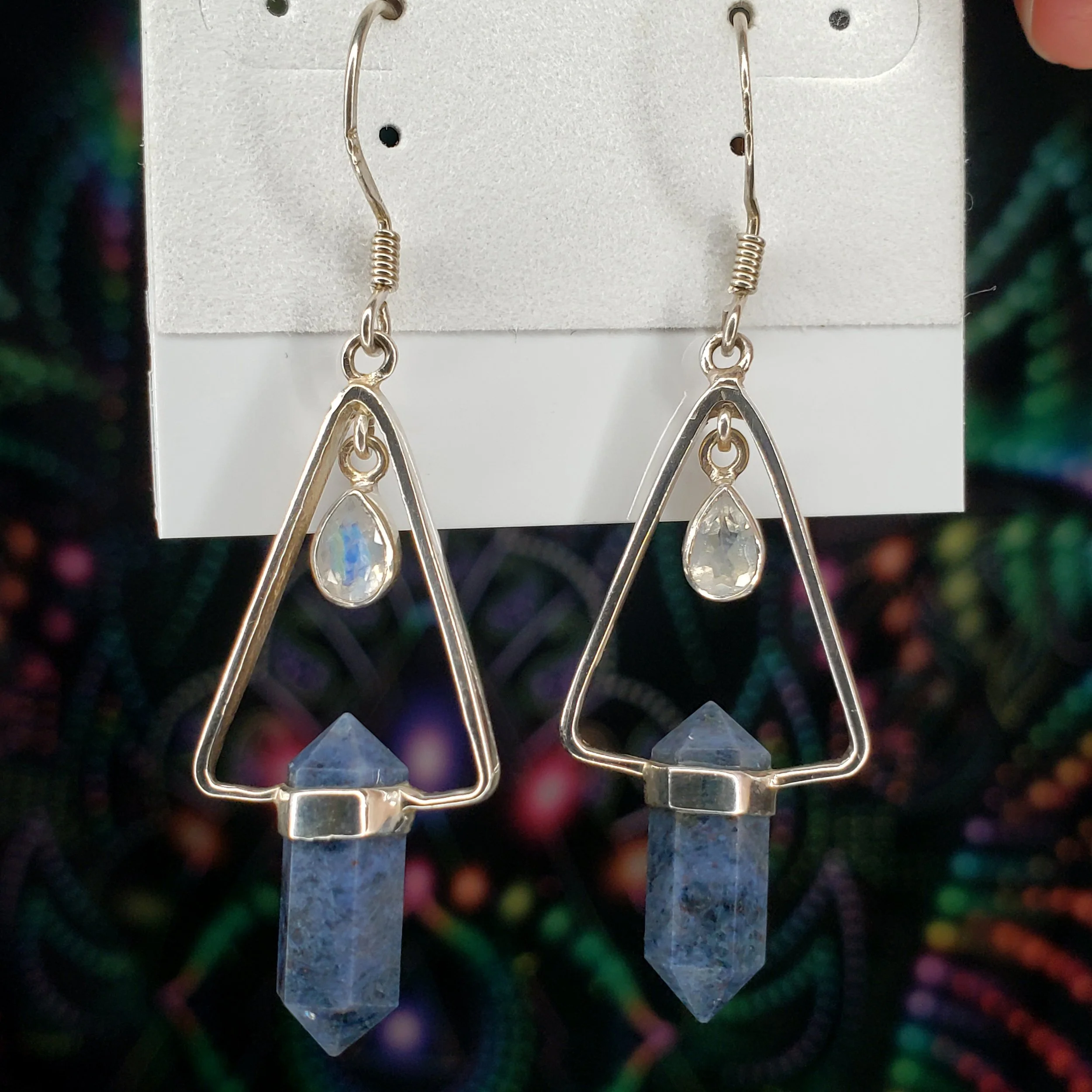Rainbow Moonstone & Dumortierite Sterling Silver Earrings - Crystal Healing Jewelry