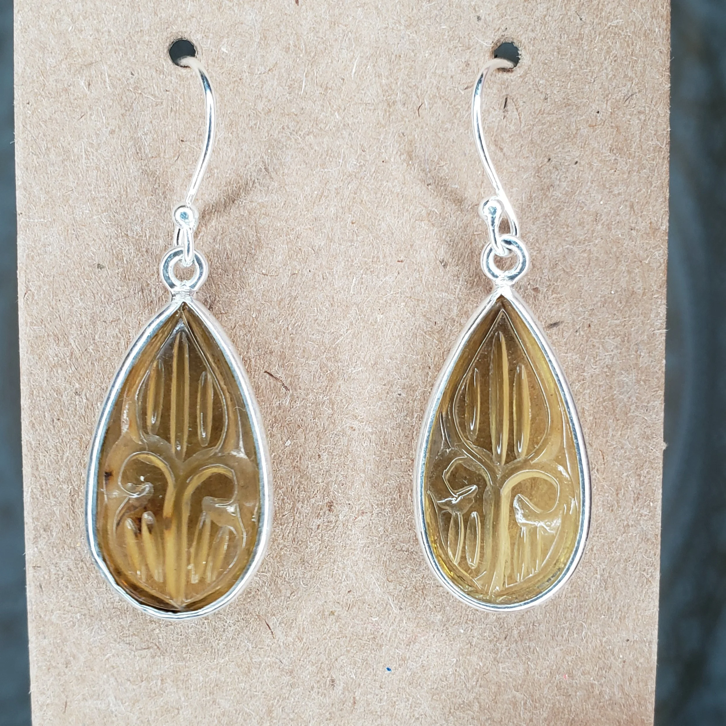 Carved Indonesian Amber Sterling Silver Earrings - Crystal Healing Jewelry