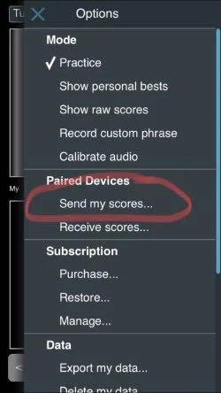 1.) Open the menu of options (upper right-hand corner) and select “Send my scores:”