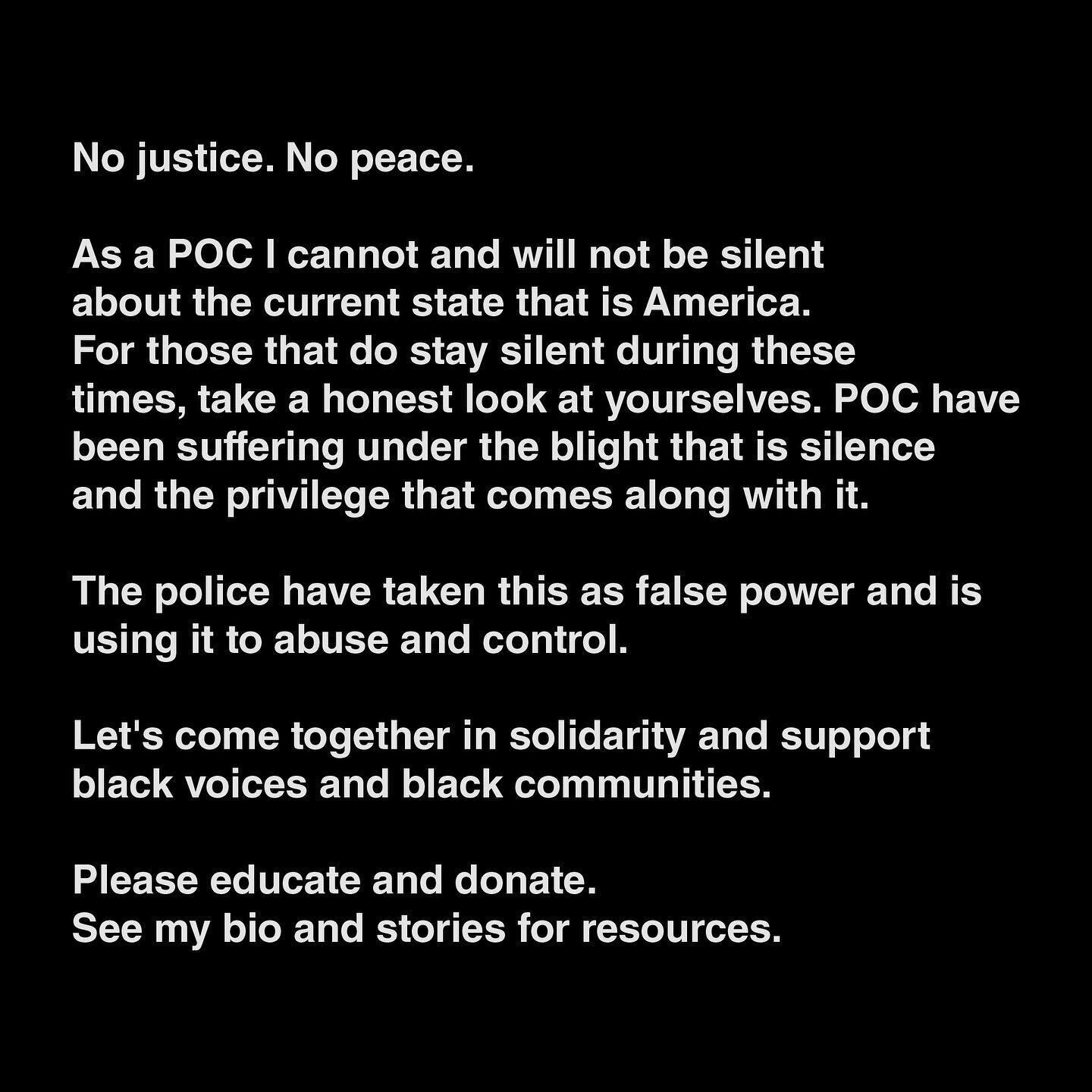 No justice. No peace. 
Please educate and donate.
See my bio for resources.

@reclaimtheblock 
@campaignzero 
@blackvisionscollective