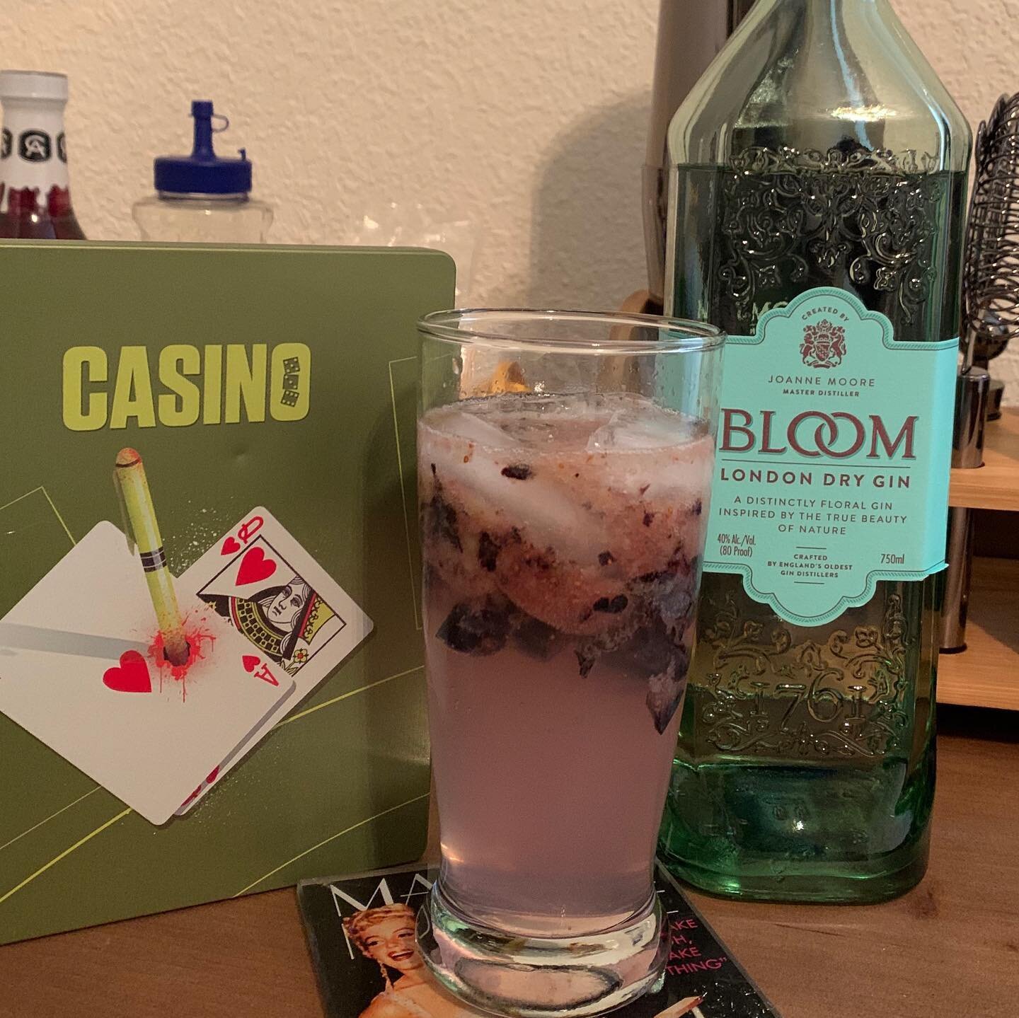 Casino and a Blueberry Muffin
&bull;Muddle 10 blueberries
&bull;2oz of gin
&bull;.5oz of lime juice
&bull;.25oz simple syrup
&bull;Top with club soda
