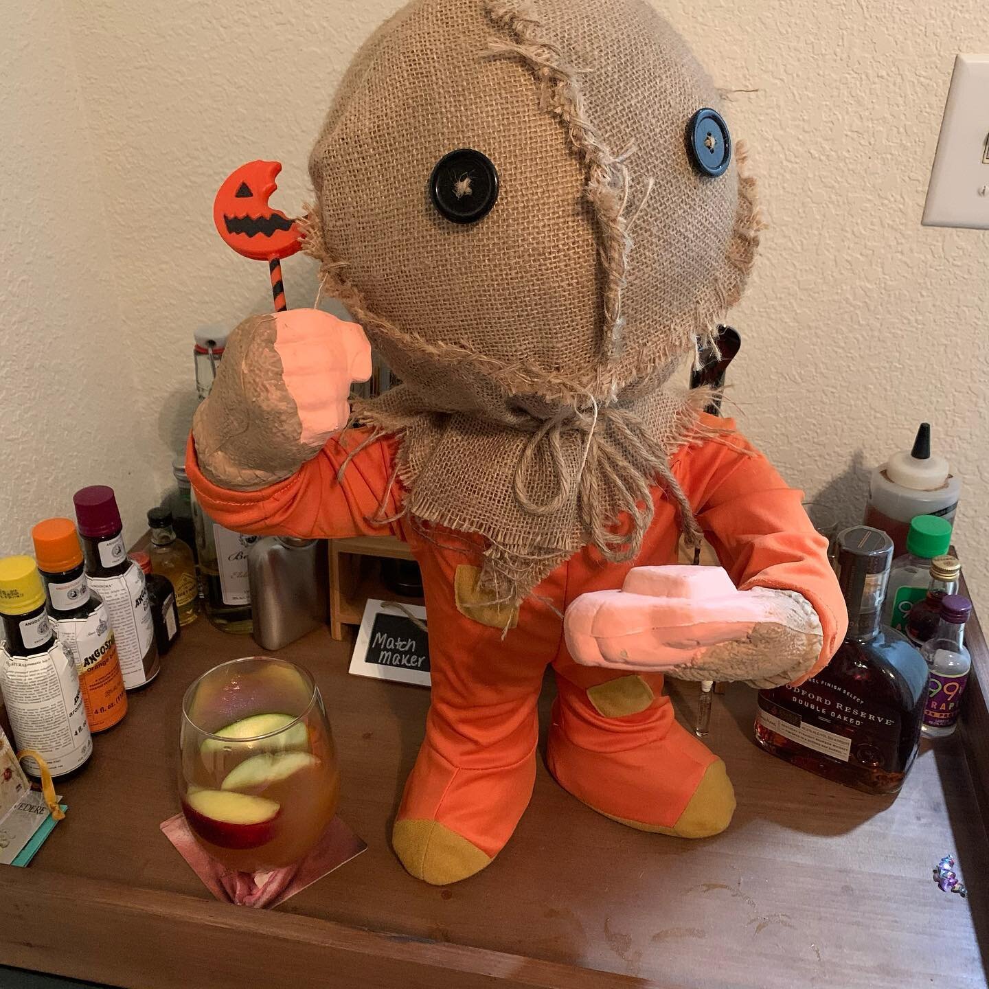 Trick &lsquo;r Treat and a Samhain Cider

&bull;.5oz Amaretto
&bull;.5oz peanut butter whiskey
&bull;Top with apple cider 
&bull;Garnish with apple slices 
&bull;Smell my feet, give me something good to eat. If you don&rsquo;t, I don&rsquo;t care, I&