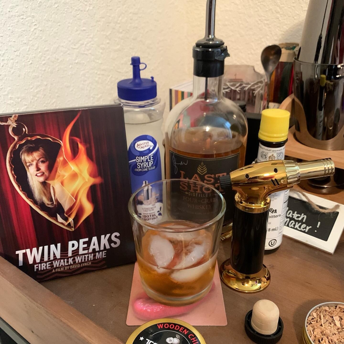 I couldn&rsquo;t decide which one paired better with this smoked old fashioned, so I present you with both Twin Peaks Fire Walk with Me along with Heat!

&bull;2.5oz bourbon
&bull;.25oz simple syrup
&bull;3 dashes of agnostura bitters
&bull;Smoke app