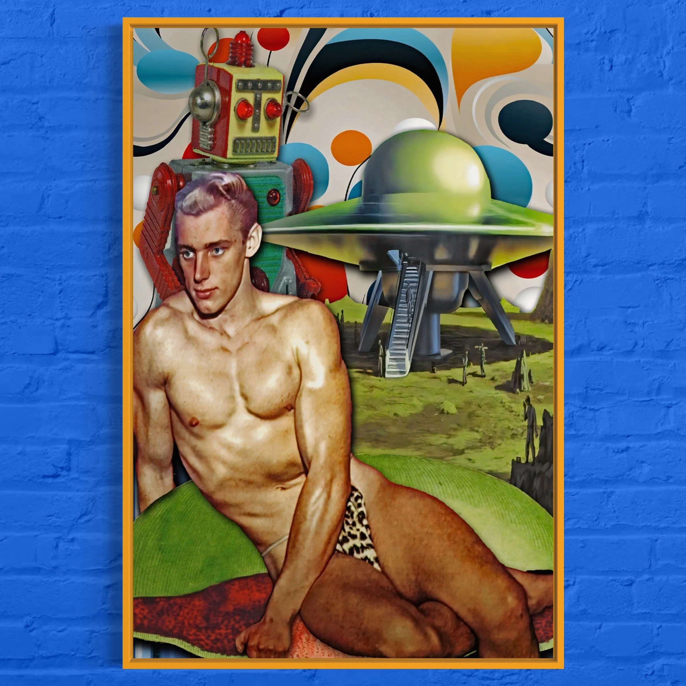 Title: Take Me to Your Leader | Retro Surreal Nude Male Collage Art Print | Vintage Sci-Fi Homoerotic Decor