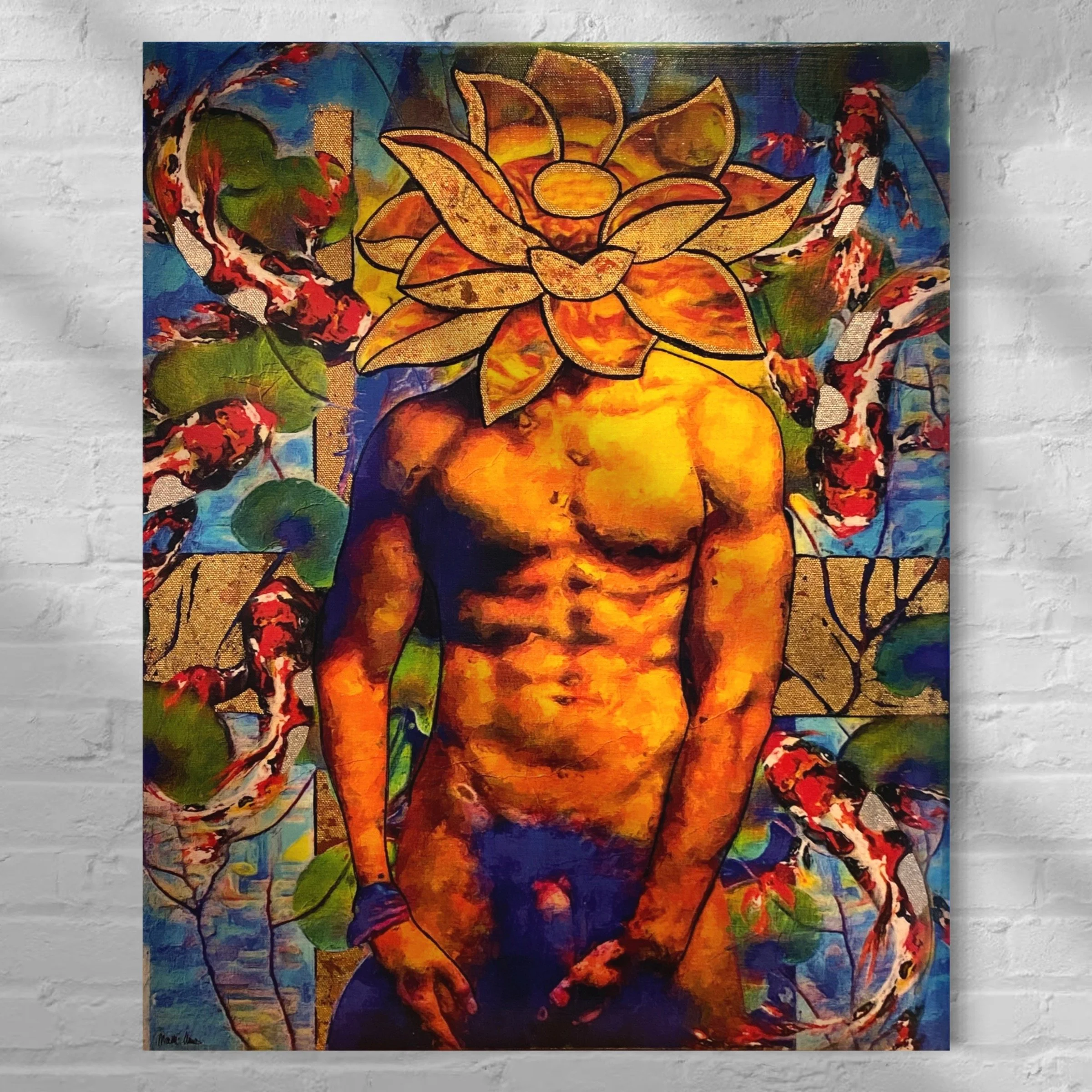In the Koi Pond – Mixed Media Nude on Canvas with Gold and Silver Leaf, 16x20 Original Art
