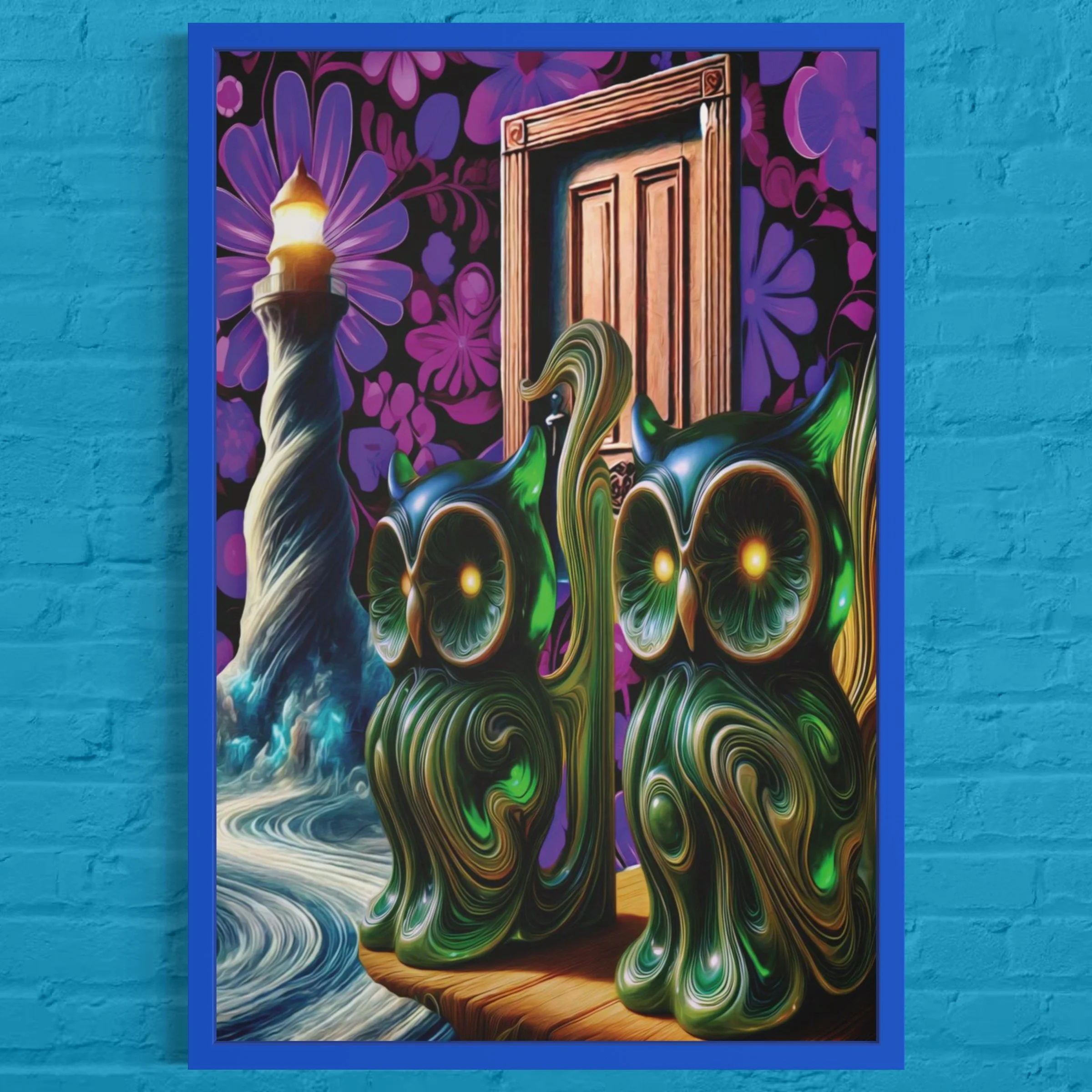 Title: The Watchers Canvas Art Print - Surreal Owl and Lighthouse Collage