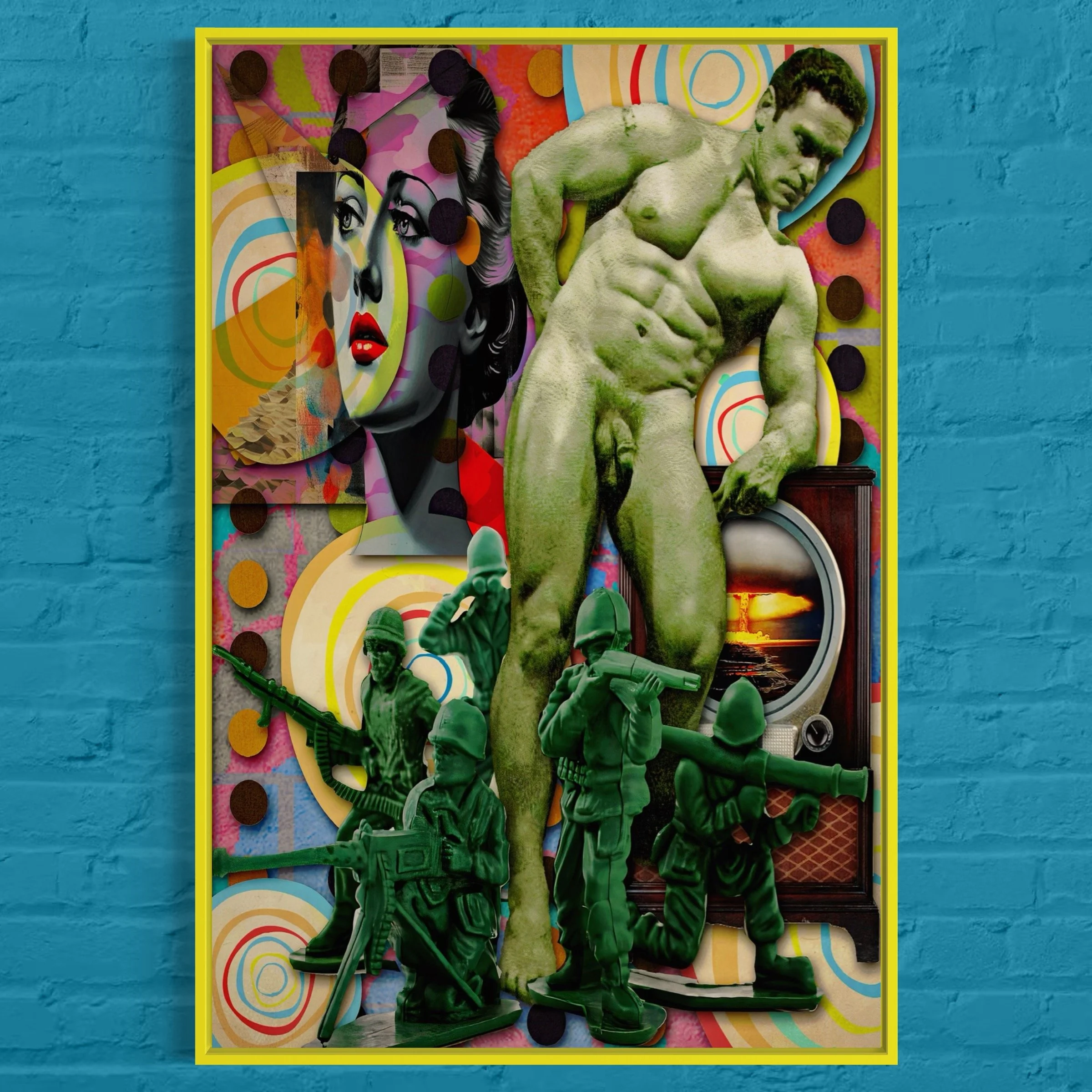 Title: At Odds | Retro Surreal Nude Male Collage Art Print | Queer Midcentury War & Desire Aesthetic