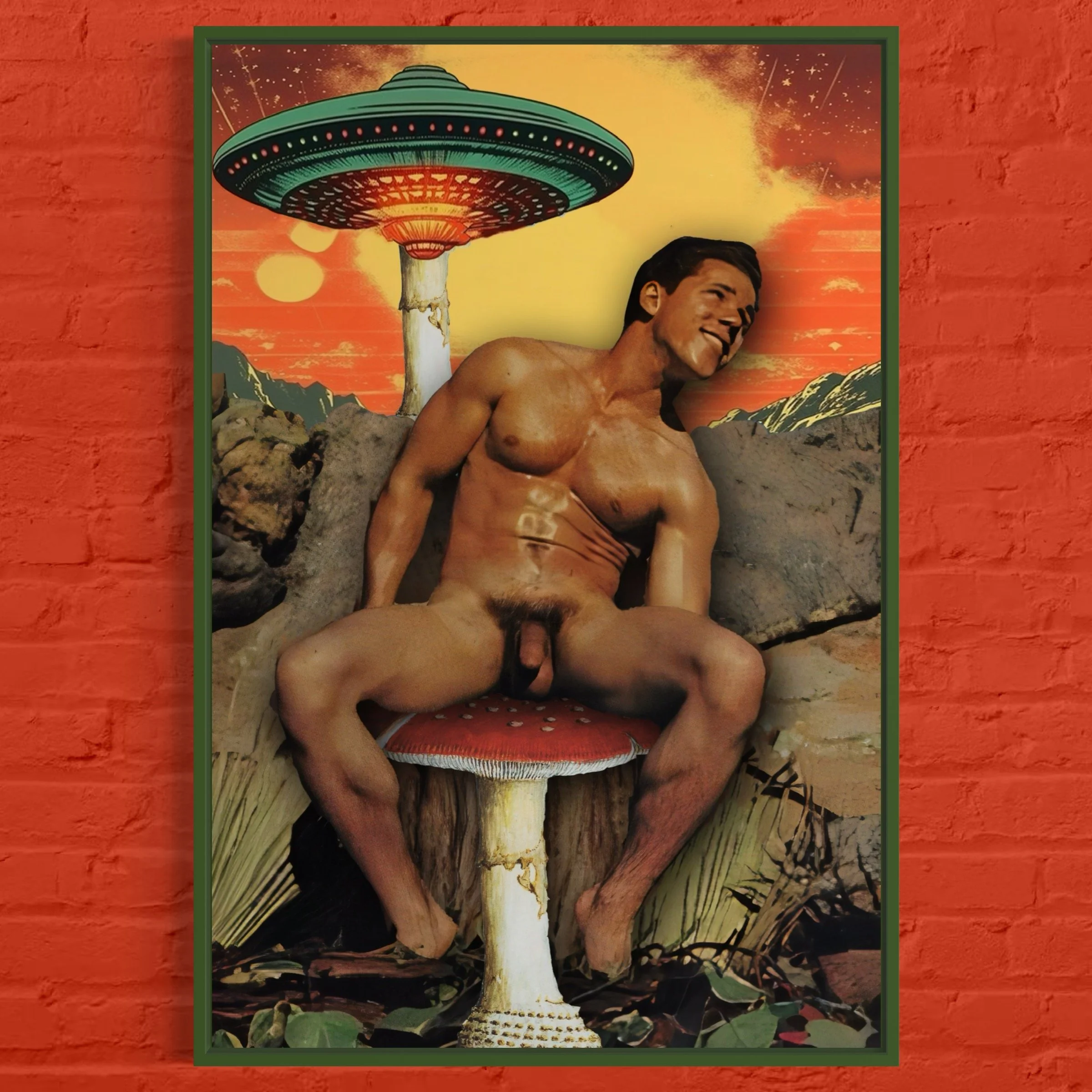 Title: Beam Me Up, Daddy, Retro Surreal Nude Male Collage Art Print (Collage Art, Trippy Art, Vintage Art, Surreal Wall Art, Erotic Art, Gay Art, Art Print)