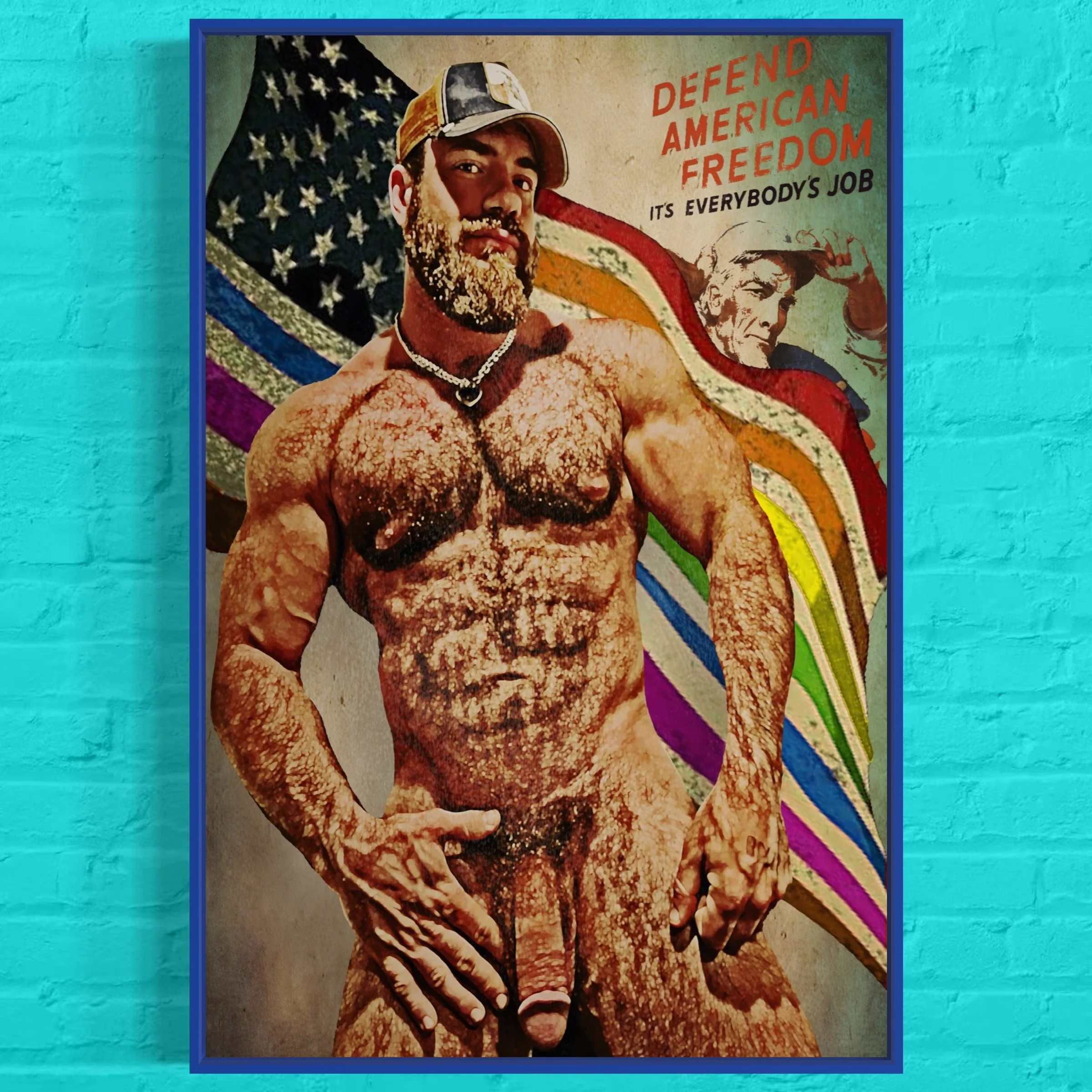 Title: Defend American Freedom | Retro Homoerotic Collage Art Print | Queer Patriotism & Vintage Pin-Up