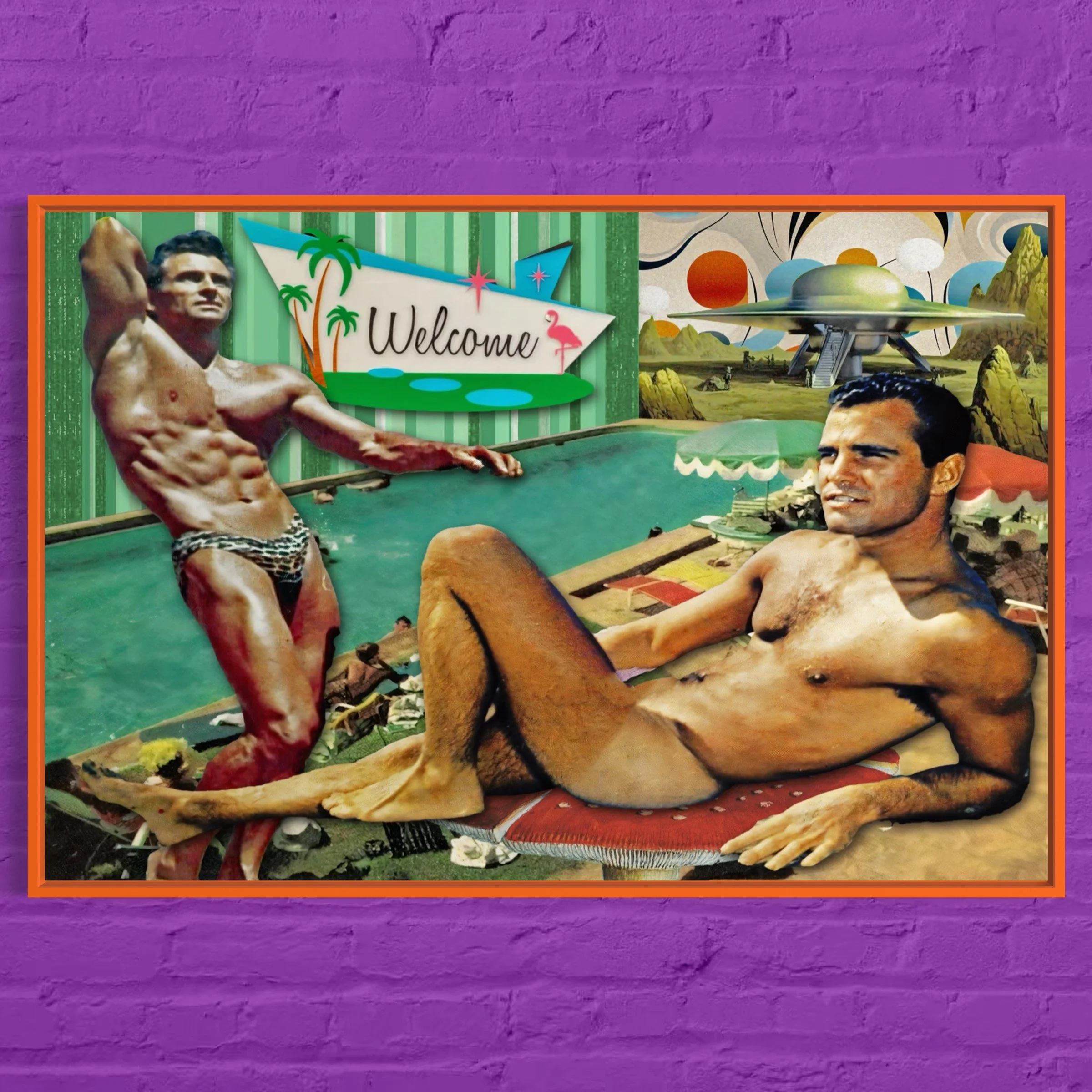 Title: Pool Party | Retro Surreal Homoerotic Collage Art Print | Midcentury Pin-Up Aesthetic