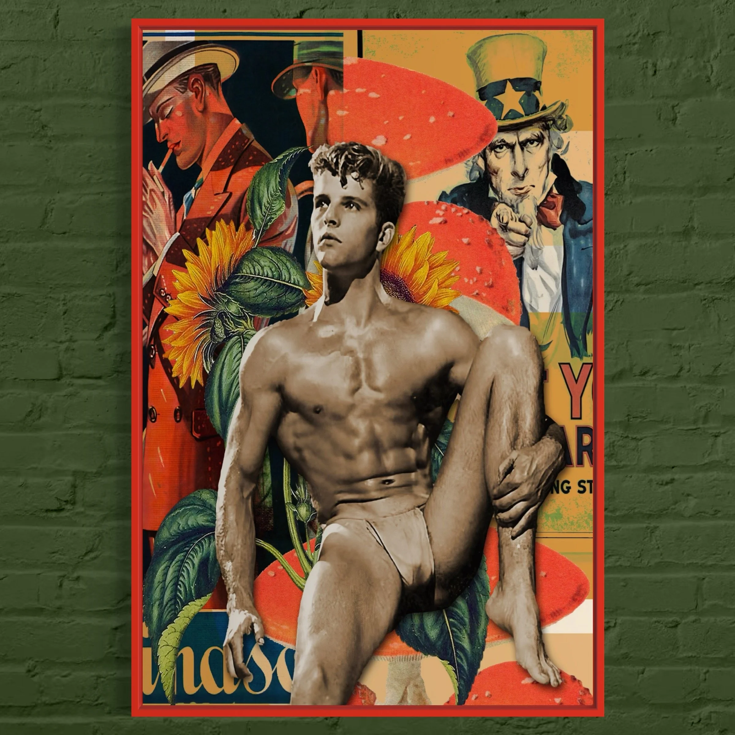 Title: Fragile Fortitude, Retro Surreal Nude Male Collage Art Print (Collage Art, Trippy Art, Vintage Art, Surreal Wall Art, Erotic Art, Gay Art)