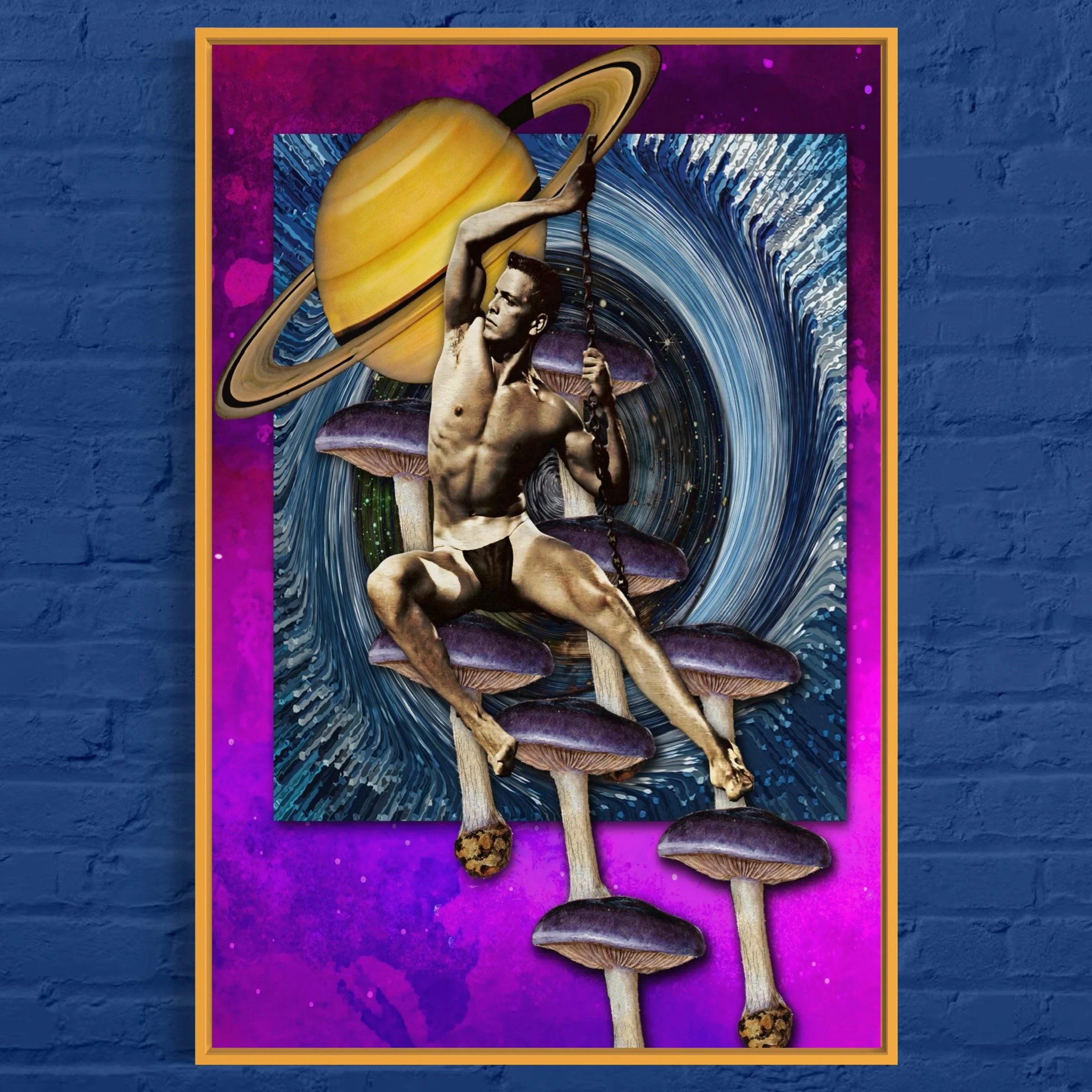 Title:  Swinging with Saturn | Retro Surreal Nude Male Collage Art Print | Queer Cosmic Psychedelia