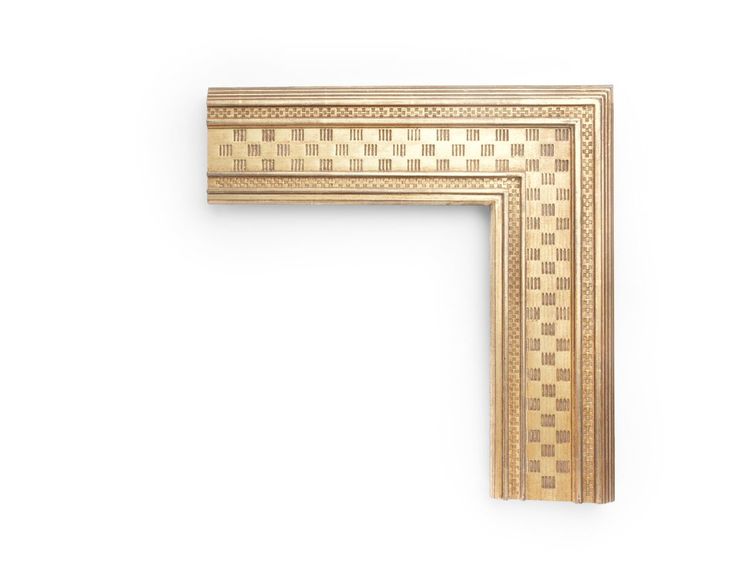 Three Panel Whistler An American 4 inch Whistler-style frame, with three individual flat panels of basket-weave pattern punchwork. The finish shown is matte lemon gold with a purple clay, and can be customized.