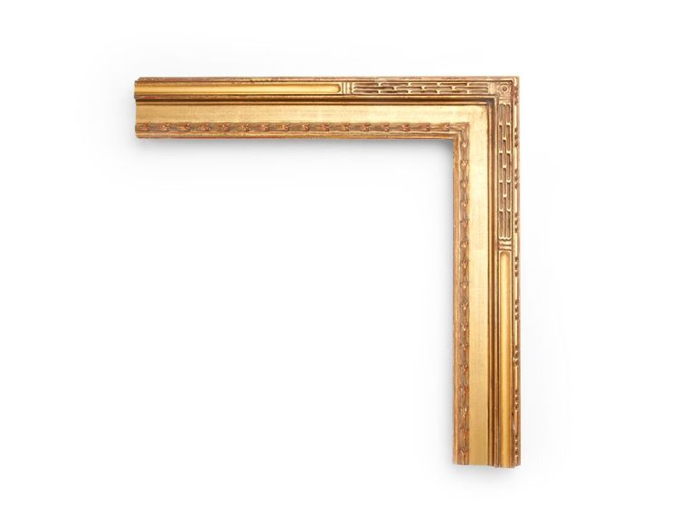 Murphy Cassetta An American 2-1/4 inch Impressionist-era Murphy-style frame, this cassetta profile features a cut-out scoop and corner decoration on the outer rail, flat center panel, and inner overlaid tulip decoration. The finish shown is yellow gold with an antique finish and a red clay.