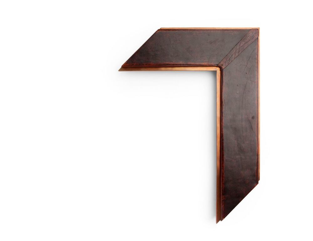 Copper Lined Braid A 4 inch leather-wrapped frame, with copper lining on the inside and outside edges, a distressed natural leather center panel, and braided corner miters. There are many finishes and leathers to choose from, and no two are exactly alike.