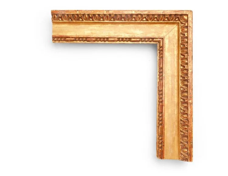 Louis Flat Panel A French 3-3/4 inch Louis XVI-era frame, with lambs-tongue decoration on the outer lip, a flat center panel, and an irregular-bead pattern on the inner lip. The finish shown is yellow gold with a heavy antique finish and red clay.