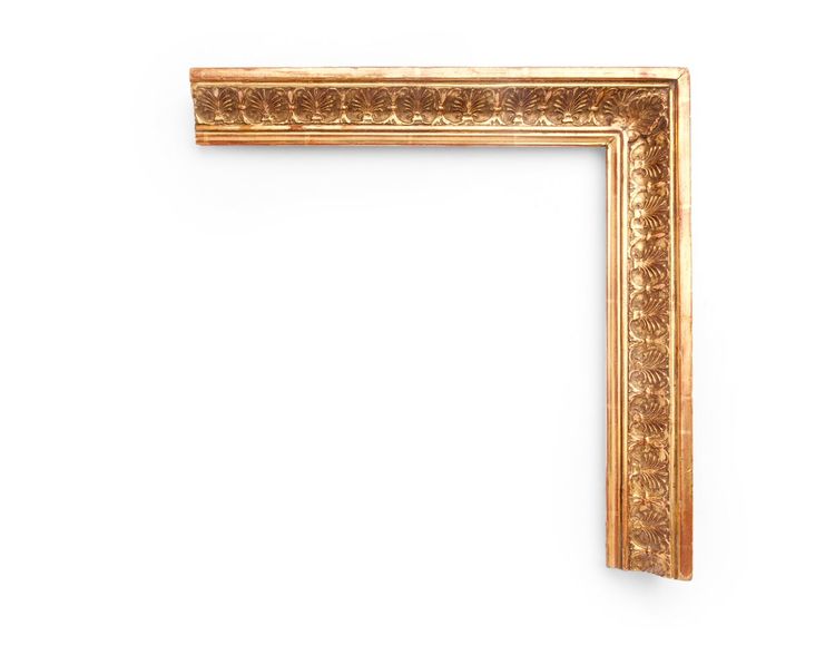 High Cove Palmette A French 2 inch Neoclassical-era frame, the center high cove is decorated with anthemion palmettes along the sides and corner. The finish shown is yellow gold with a red clay.