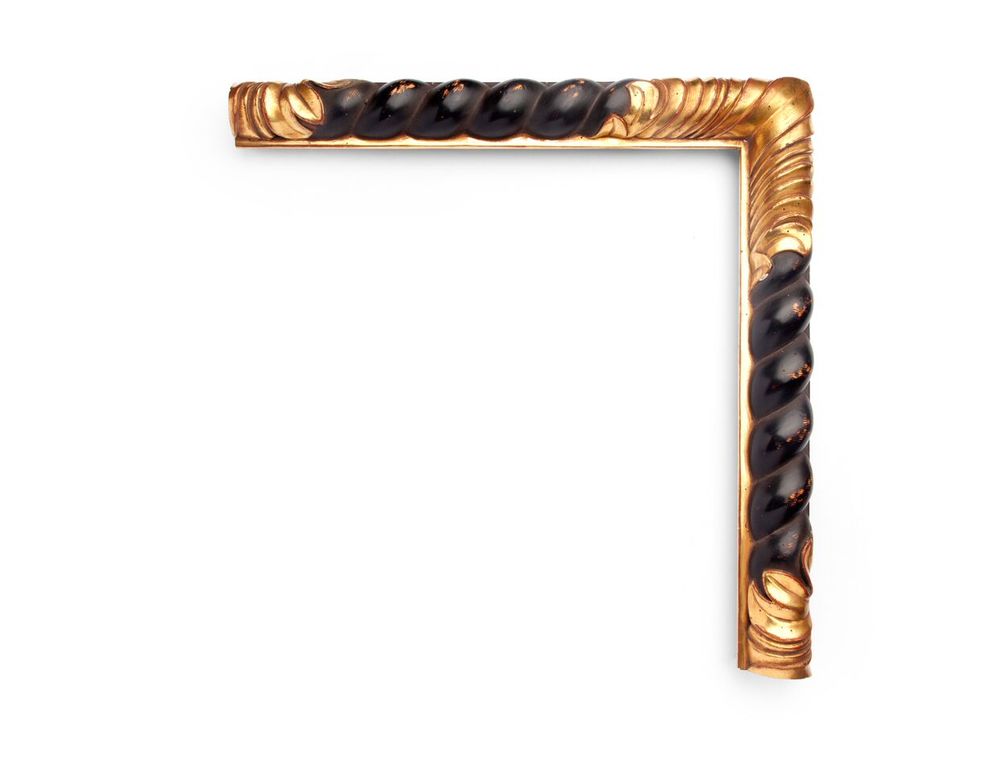 Twisted Rope Motif A Spanish 2 inch 17th-century frame, with a black carved twisted-rope motif all along a round top profile, and gilded stacked-floral decoration at the corner and center. The finish shown is polished black over yellow gold with distressing and a red clay.