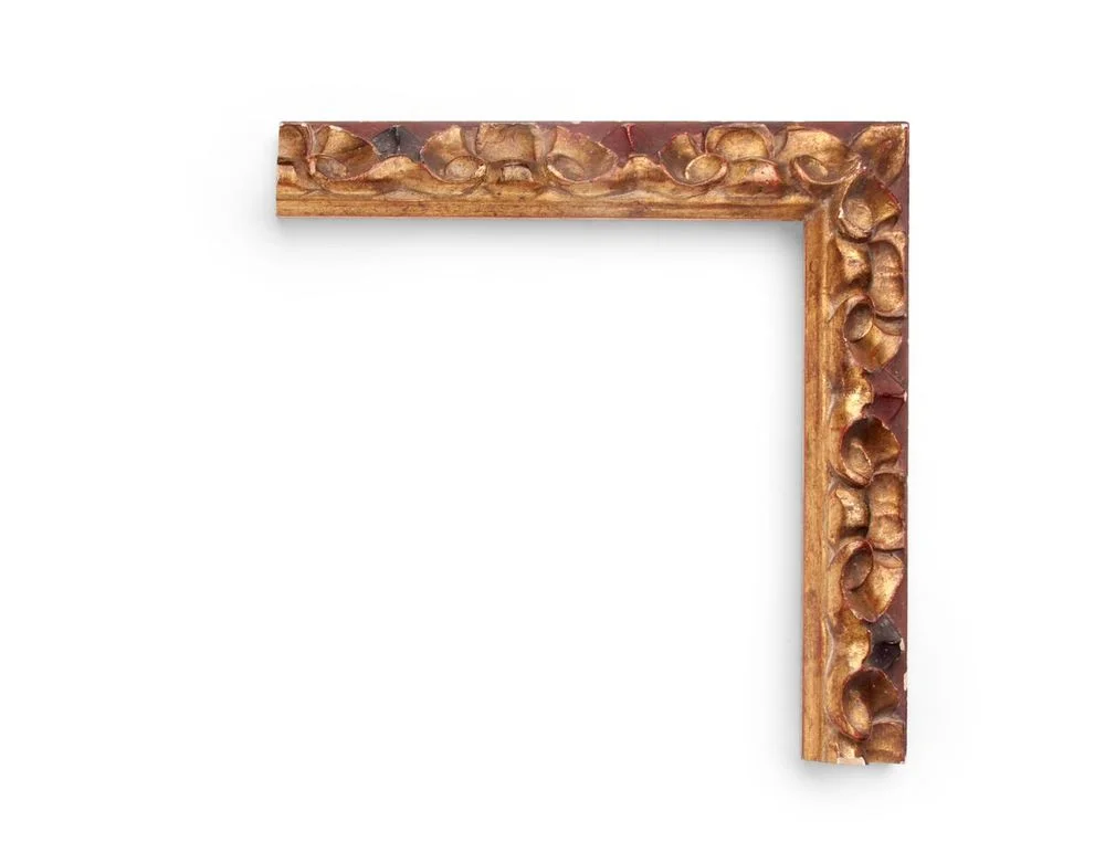 Red Toned Petal A Spanish 2 inch frame, with large continuous floral petal carving all along the frame surface, toned with red on the outer edge. The finish shown is red over yellow gold with an antique finish.