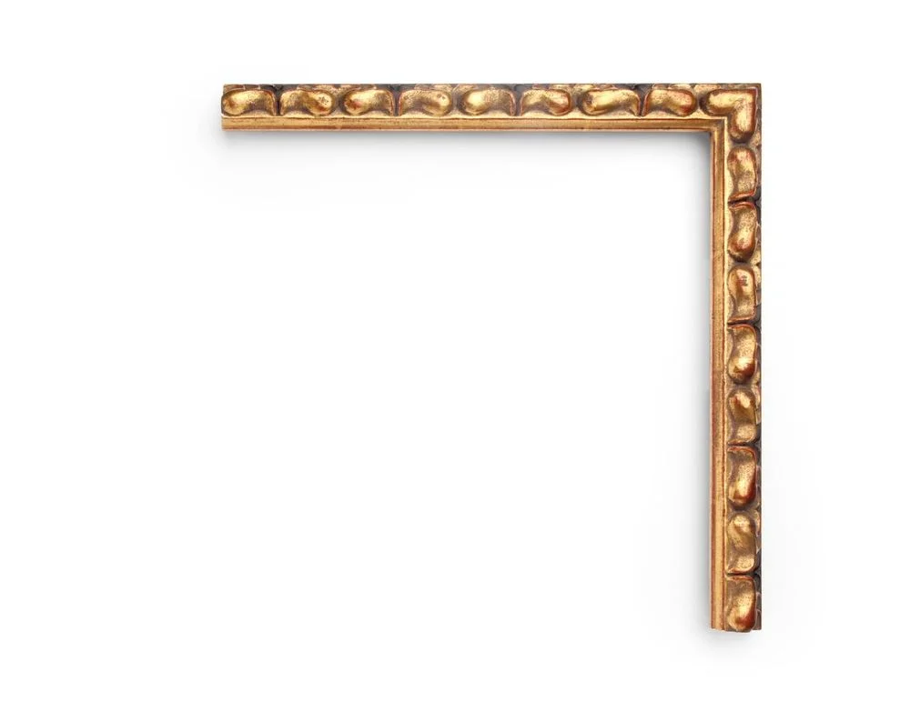 Petal Carved Relief A Spanish 1-1/4 inch 17th-century frame, with high relief abstracted petal carvings all along the top edge and carvings along the black painted sides. The finish shown is black over yellow gold with heavy distressing and a red clay.
