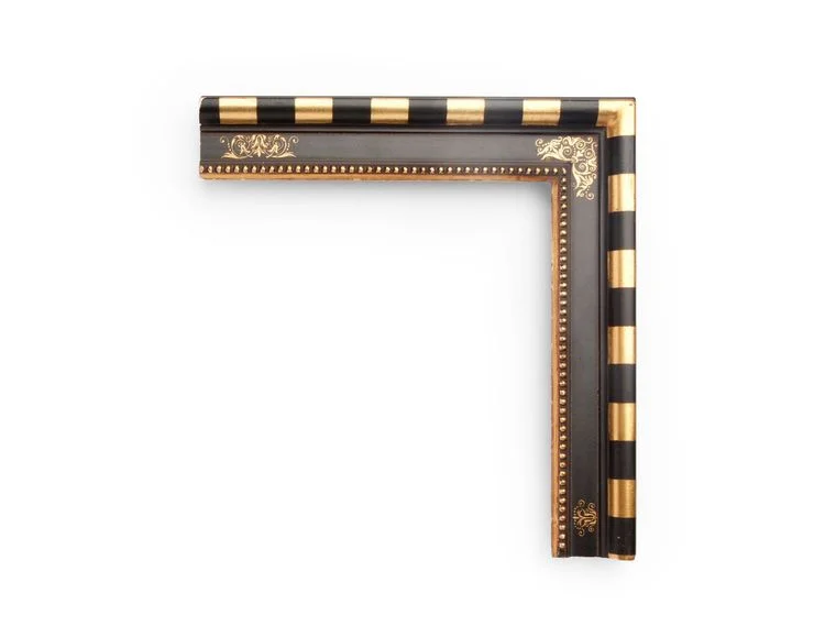 Sienese Burnished Cassetta An Italian 2-1/2 inch 16th-century frame, this Sienese cassetta profile features a black-and-burnished-gold checkerboard pattern, a black center panel with ornate sgraffito scratchwork at the corners, and beaded inner lip. The finish shown is black over burnished yellow gold and a red clay.