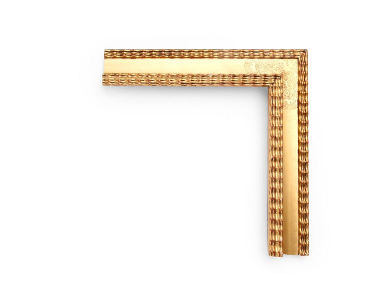 Weaved Floral Lip An Italian 3 inch frame, with a corner section of bulinatura punchwork tracing a weaving floral pattern, and ripple decoration on the low outside and high inside lip. The finish shown is a yellow gold with black wash and a red clay.