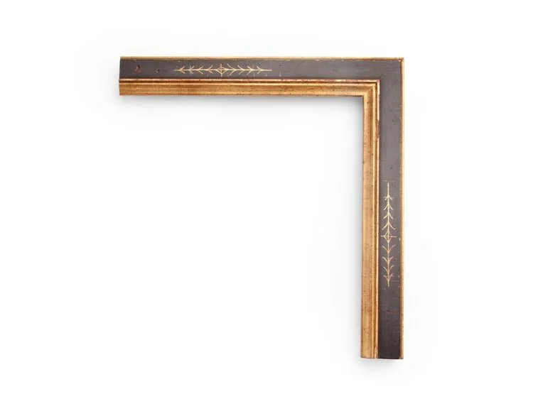 Geometric Golden Lip An Italian 1-3/4 inch frame, with a black panel over gold revealed by geometric sgraffito scratchwork along the frame centers, and gold inner lip. The finish shown is black over yellow gold with a distressed panel and a red clay.