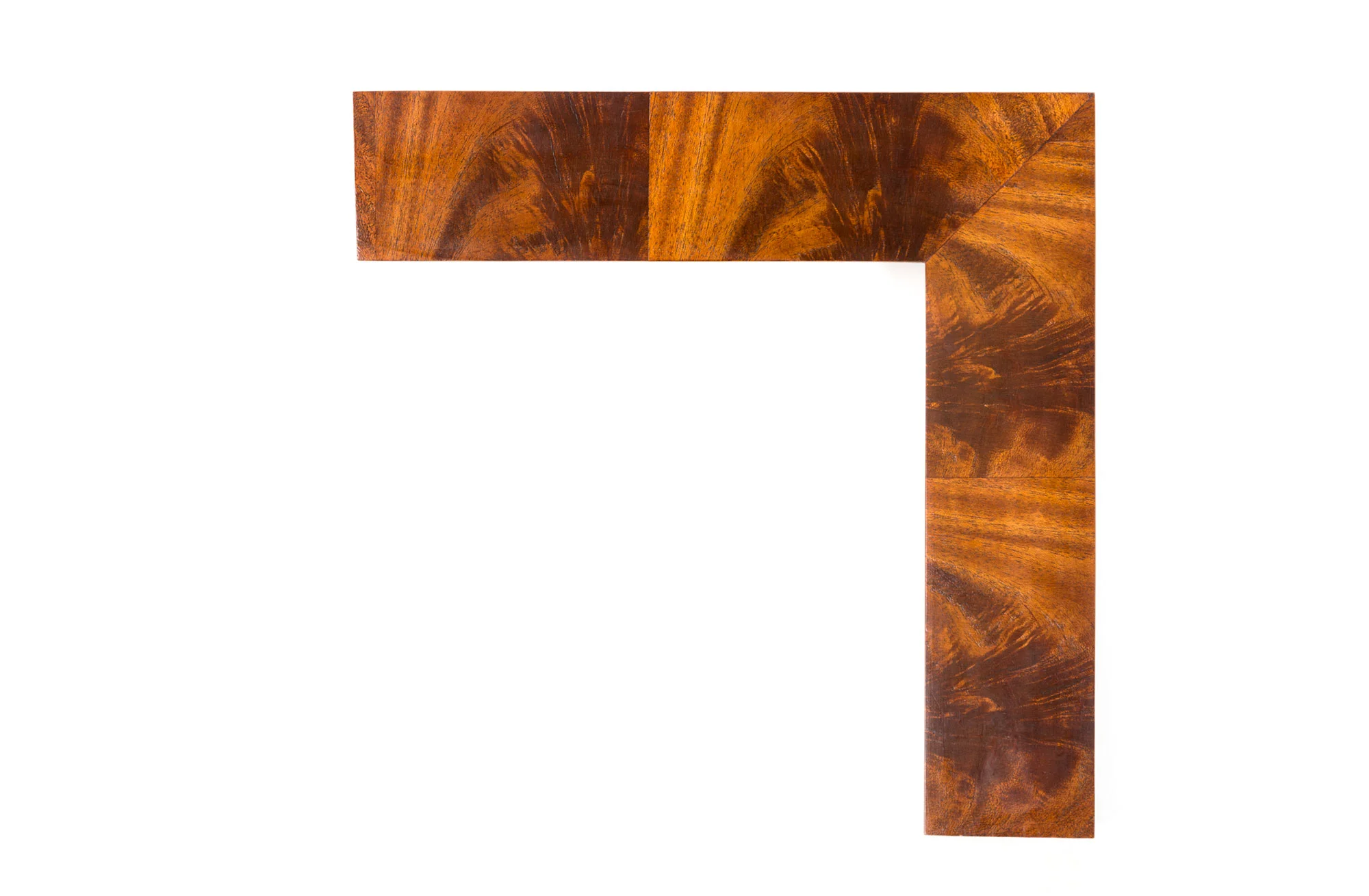 Crotch Mahogany Wedge 2 3/4" Beveled Wedge with Alternating Crotch Mahogany Veneer; handcrafted drawing its inspiration from early American frame design.