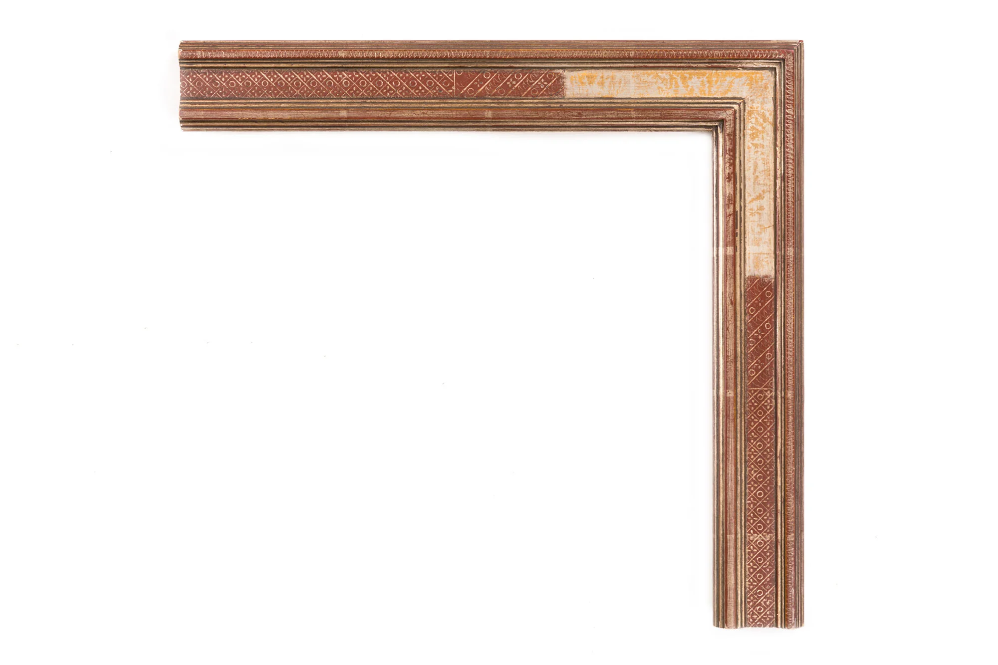 Harer, Warm White Gold with Red 2 1/4" Frederic Harer-inspired Profile, heavily washed white gold, Panel with engraved symbols over red clay