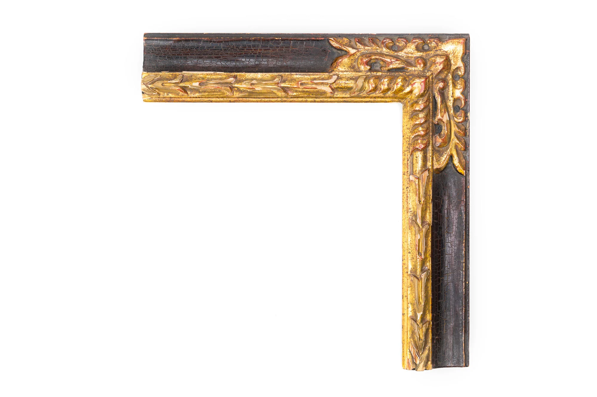 Black and Gold Carved Corner 2 1/2" Spanish Black Crackle panel, 22kt gold leaf acanthus lip, hand-carved corner embellishment, medium rub, heavy antique