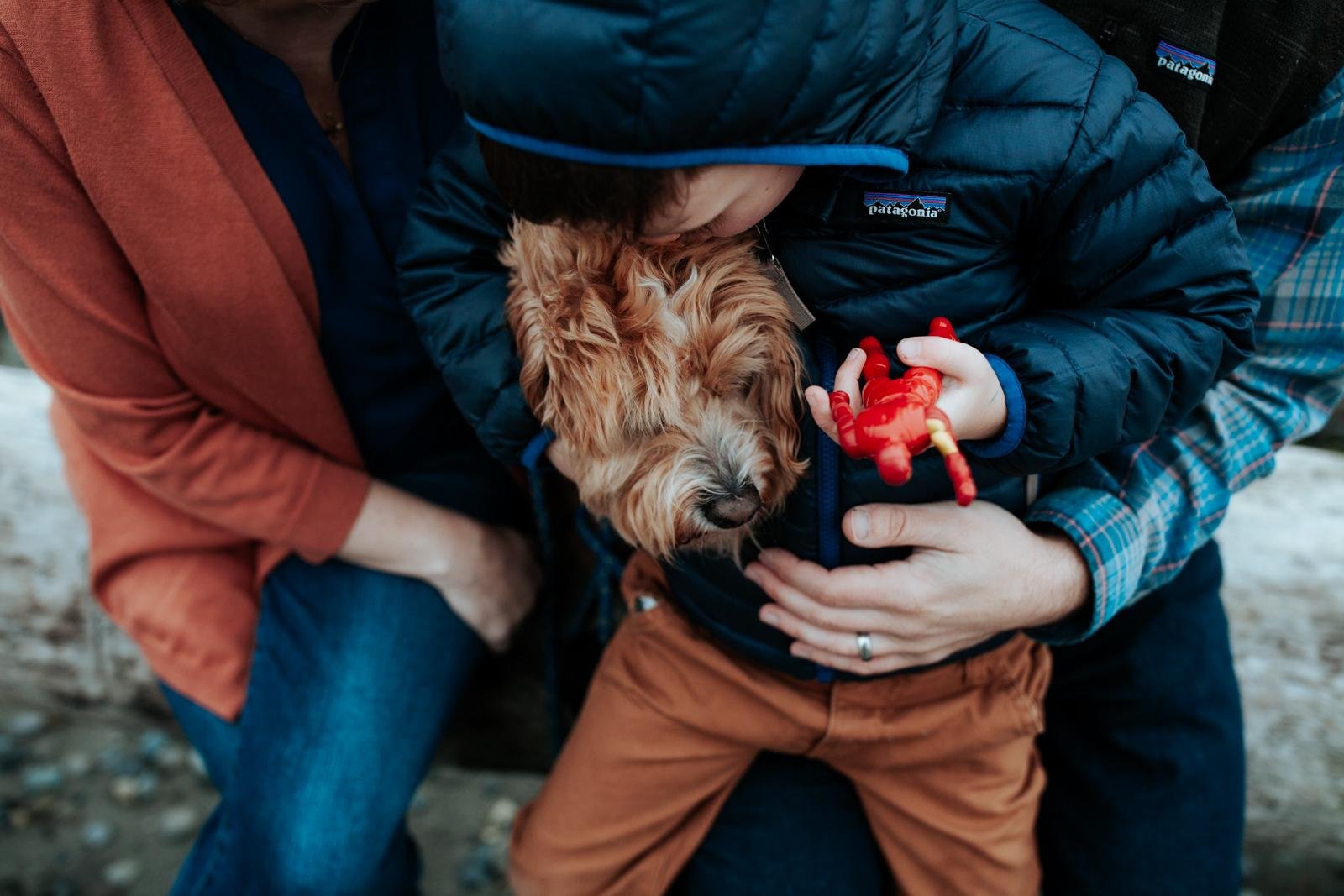  A boy in a blue winter coat hugs his dog while holding a toy on a driftwood log for a candid family portrait at the best fall mini sessions in Seattle.&nbsp; 