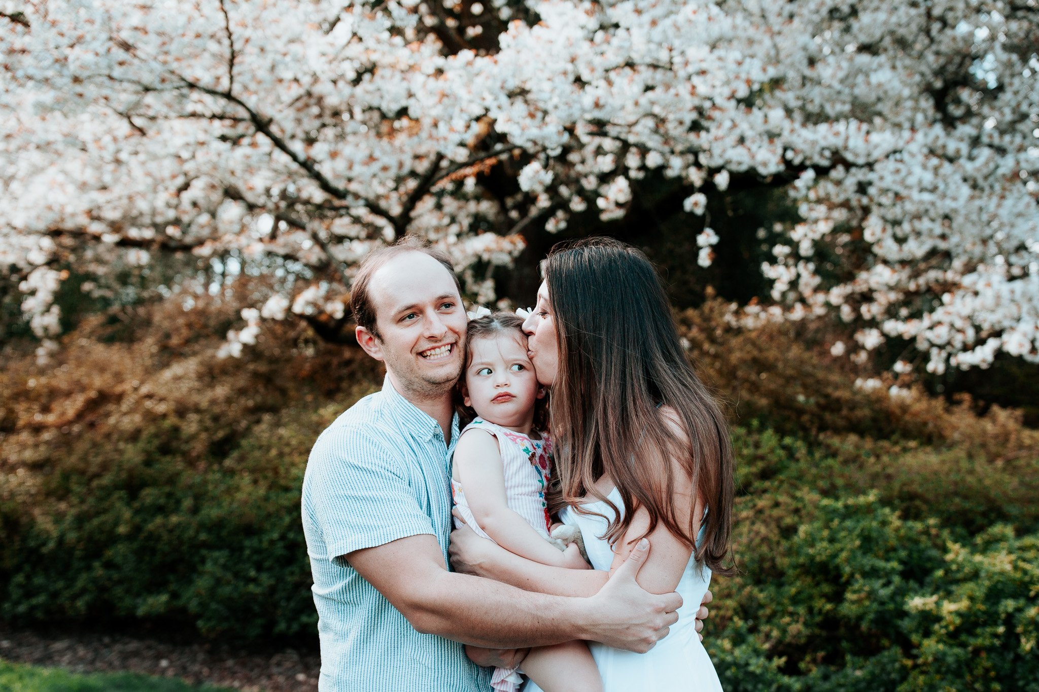 a family smiles together under a cherry blossom in seattle