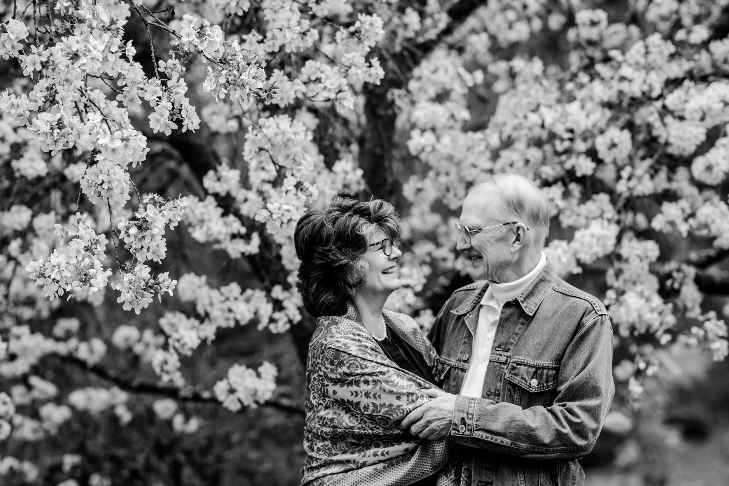 black and white photography of a couple under a cherry blossom tree