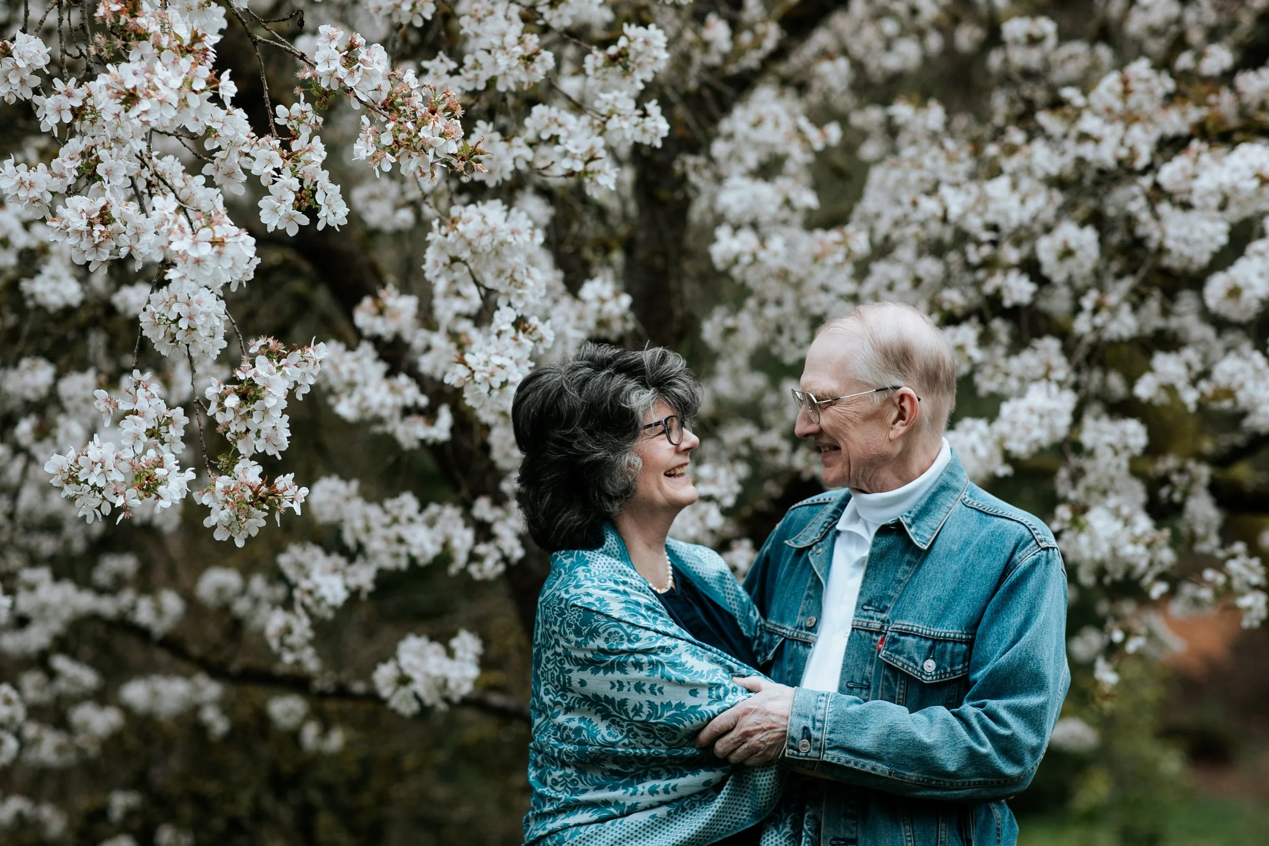 A couple smiles at each other under a cherry blossom