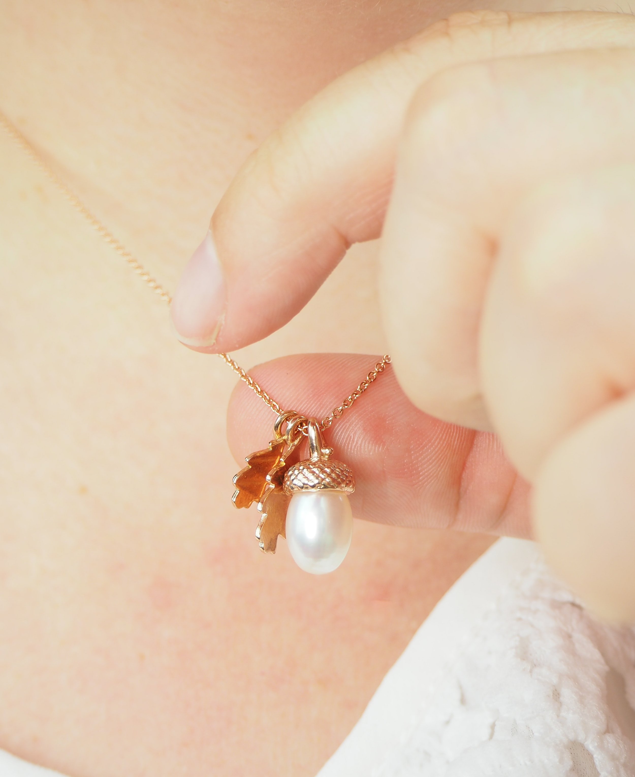 Pearl Acorn Necklace with Oak Leaves Rose Gold Rachel Whitehead Jewellery.jpg