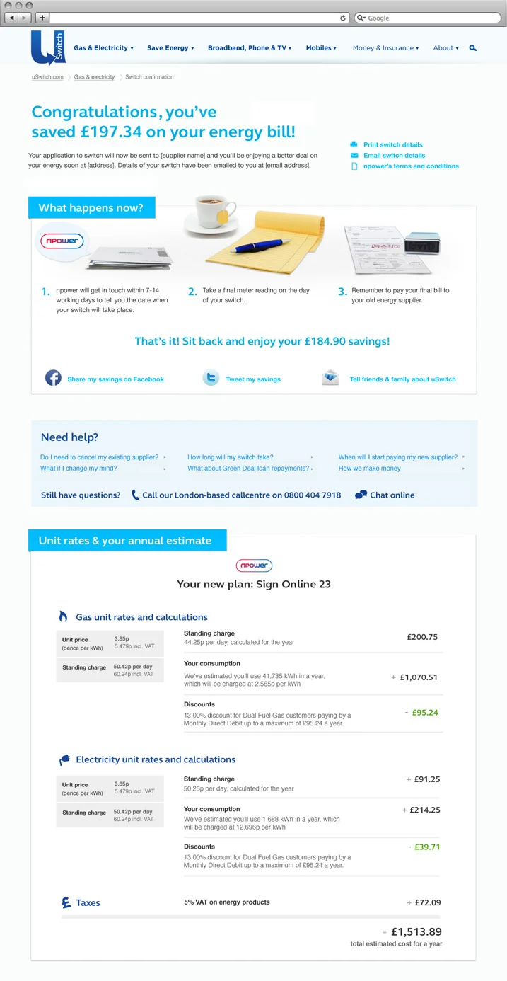 Congratulations page, designed to reassure customers at the end of their switch. Click/tap to view full page.