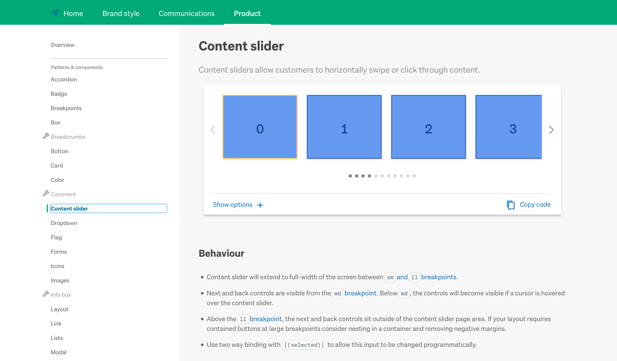 The Product section features the reusable components used to build the Trade Me website