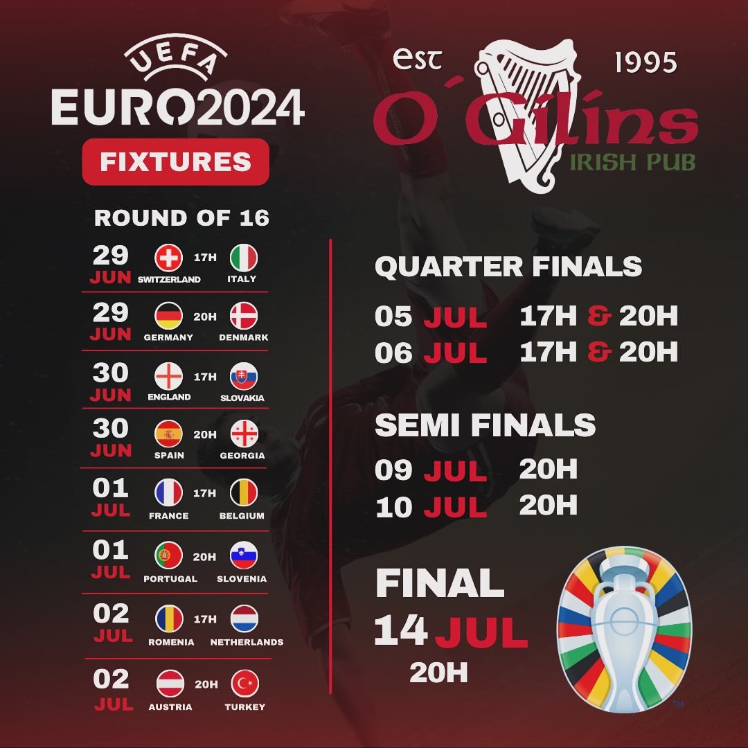 Tomorrow marks the start of the Euro 2024 Round of 16 at O&rsquo;Gilins! Check the fixtures, come and experience the unmatched energy, enjoy our great food, and savor the best Guinness in town. We have 3 TVs ready to give you the ultimate viewing exp