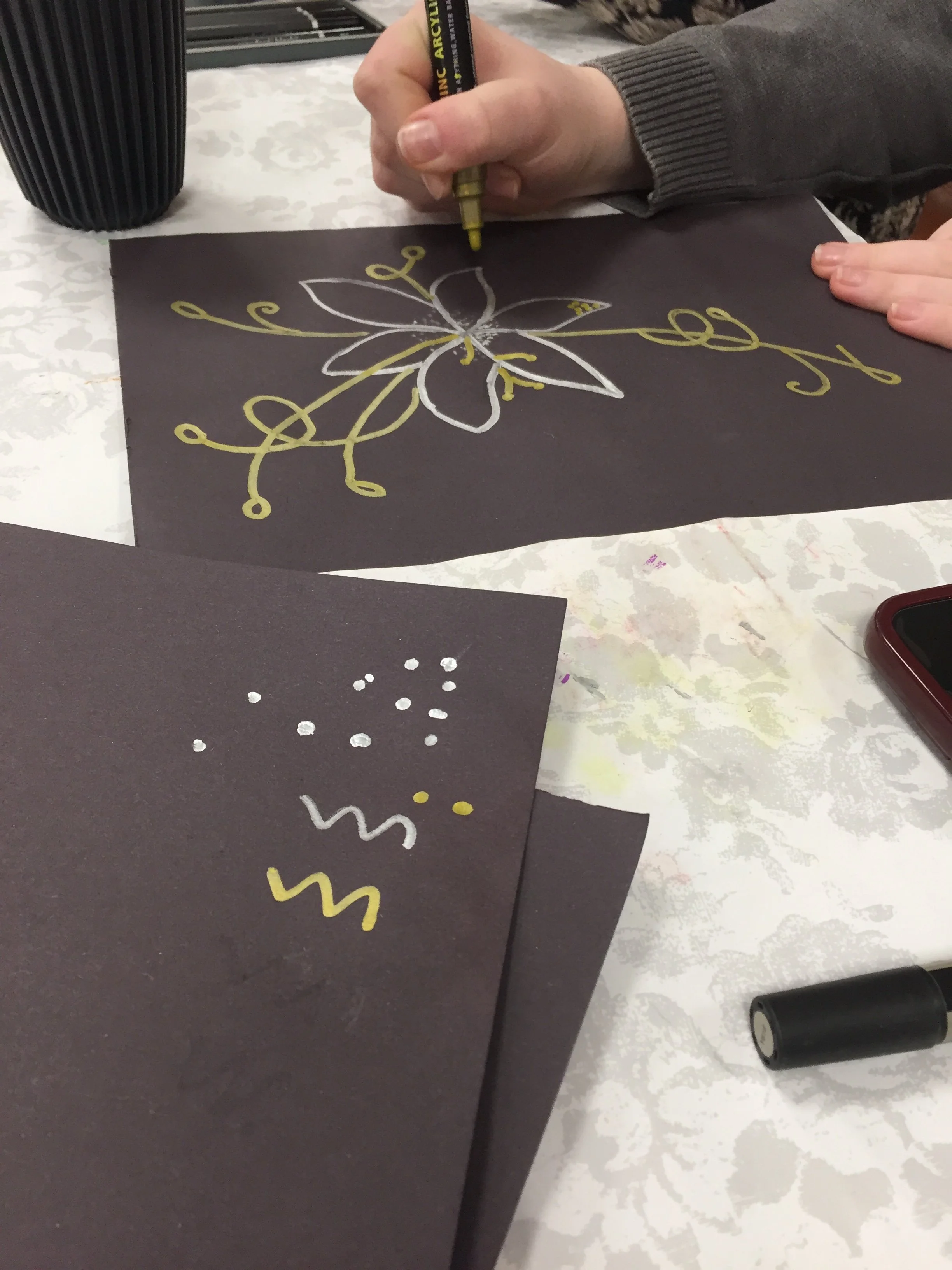 black paper acrylic marker gold silver flower.JPG