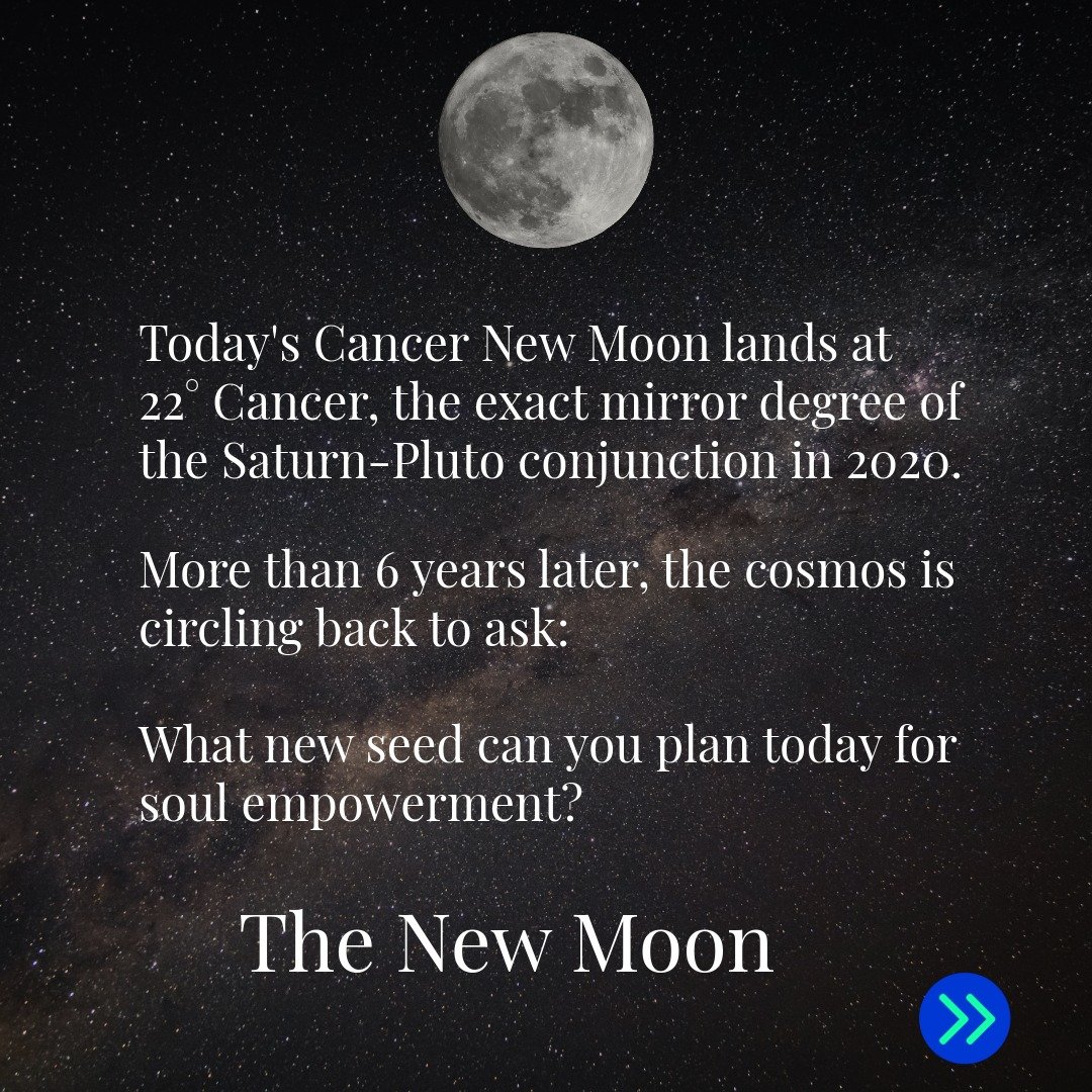 🌑 The cosmos has a long memory.
Today's Cancer New Moon lands at 22&deg; Cancer the exact mirror degree of the Saturn-Pluto conjunction from January 2020.

More than 6 years later the comos shifts back, but with incredible astro energy meeting this 