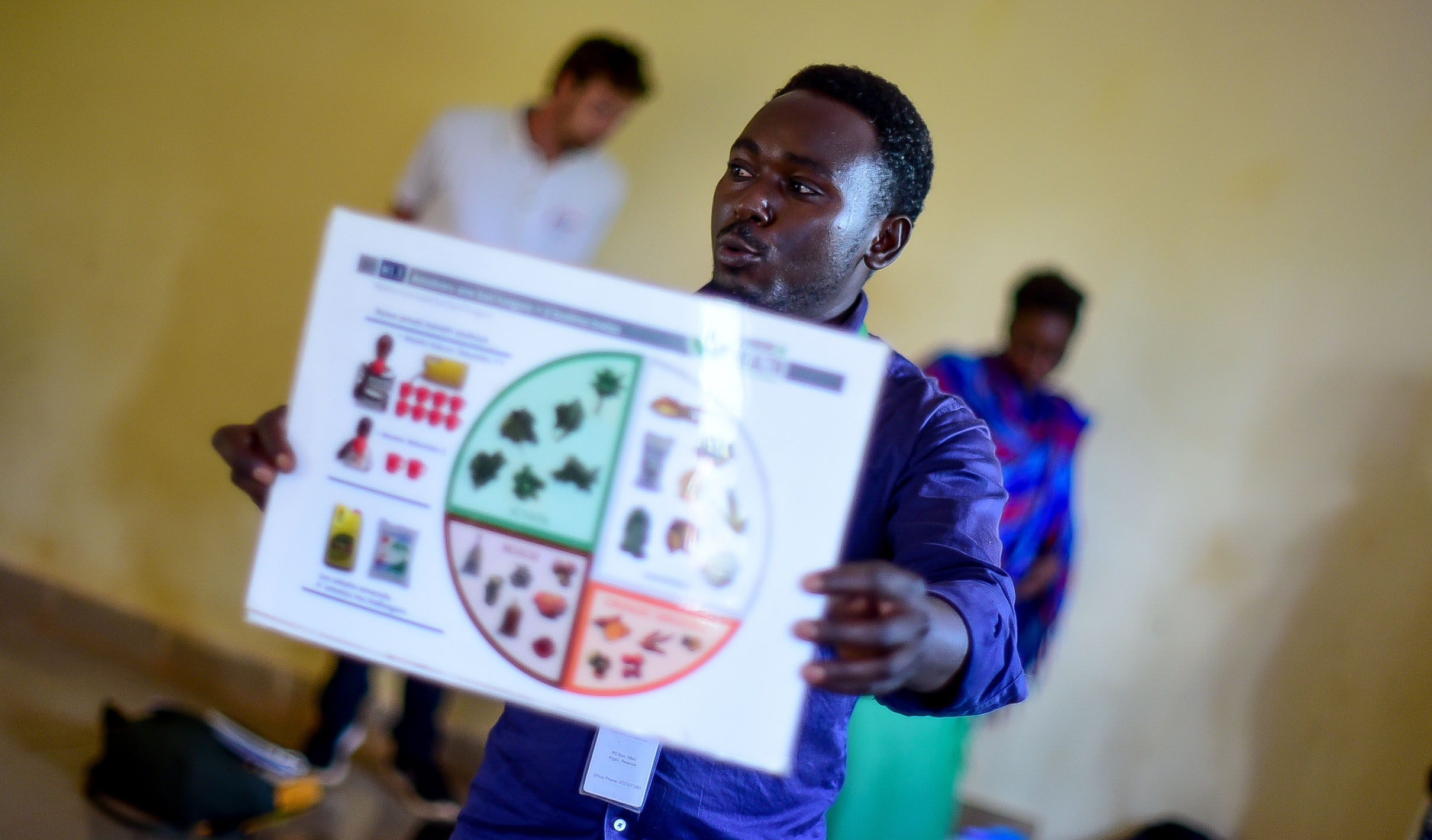 Field Educator Come Blaise Kubwinamana teaches GHI's four-color wheel of nutrition.