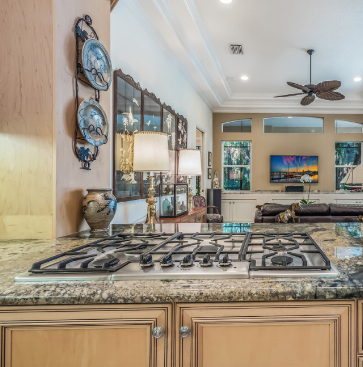 The granite in this Laurel Oak home features tons of movement and is a statement piece for the kitchen.