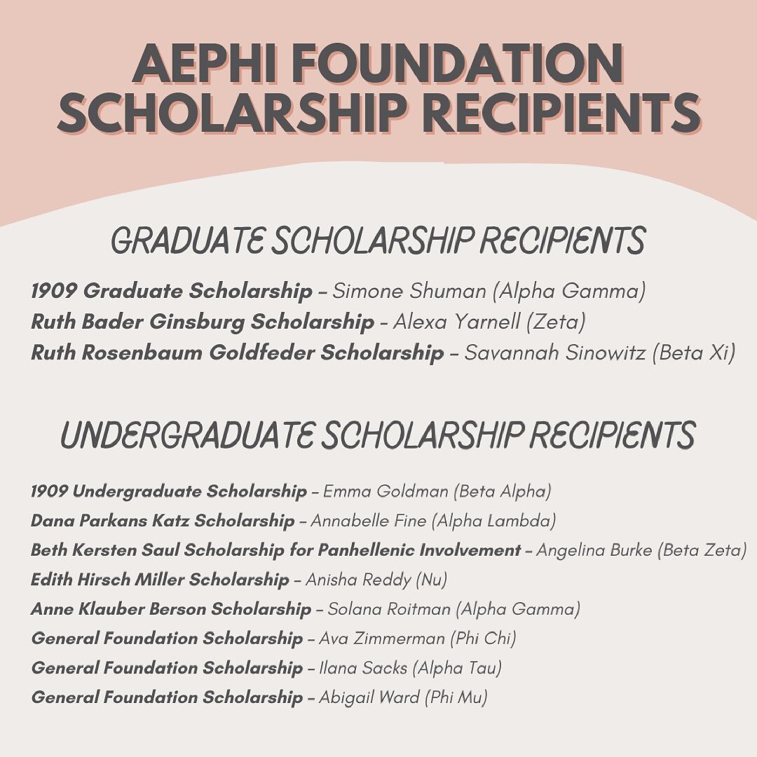 Congratulations to our 2021 Scholarship Recipients

This year, the Alpha Epsilon Phi Foundation awarded 11 scholarships totaling $50,000 to sisters for undergraduate and graduate education. Thank you to the many generous donors that made this possibl