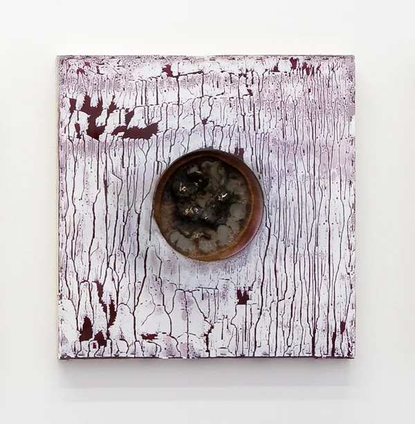 Per Inge Bjørlo Sinnsbilete Æ. 4 / Mental Image Æ.4 (2015) Wood, stainless steel woven mesh, felt, Teflon fabric, spray-paint, paraffin wax fire briquettes 60 x 60 x 7 cm Unique