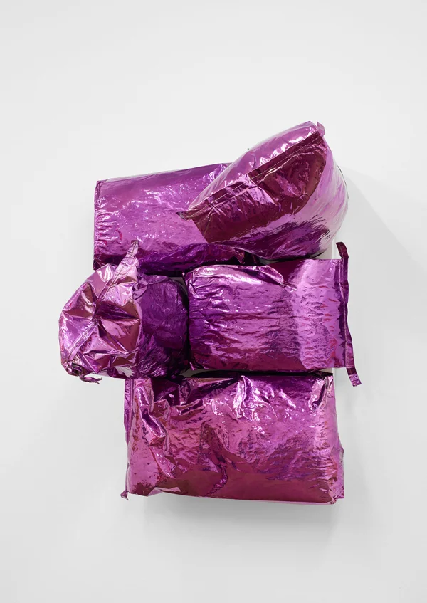 Jim Lambie Purple Rain (2016) Potato bags, expanding foam, chrome paint on canvas approx. H 94 x W 71.5 x D 58 cm